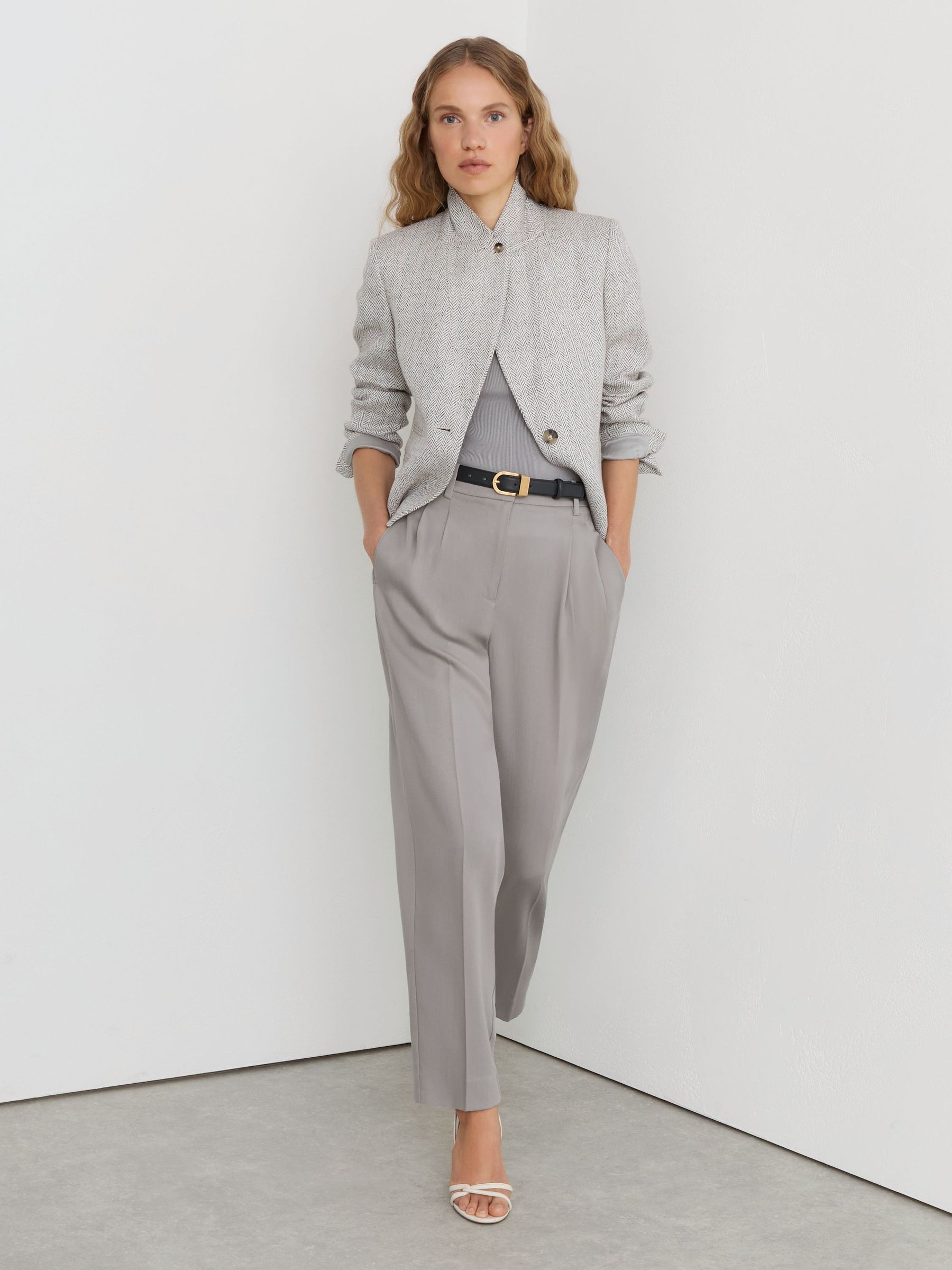 Petite Lyocell Tapered Pleated Trousers in Grey - Image 3 of 8