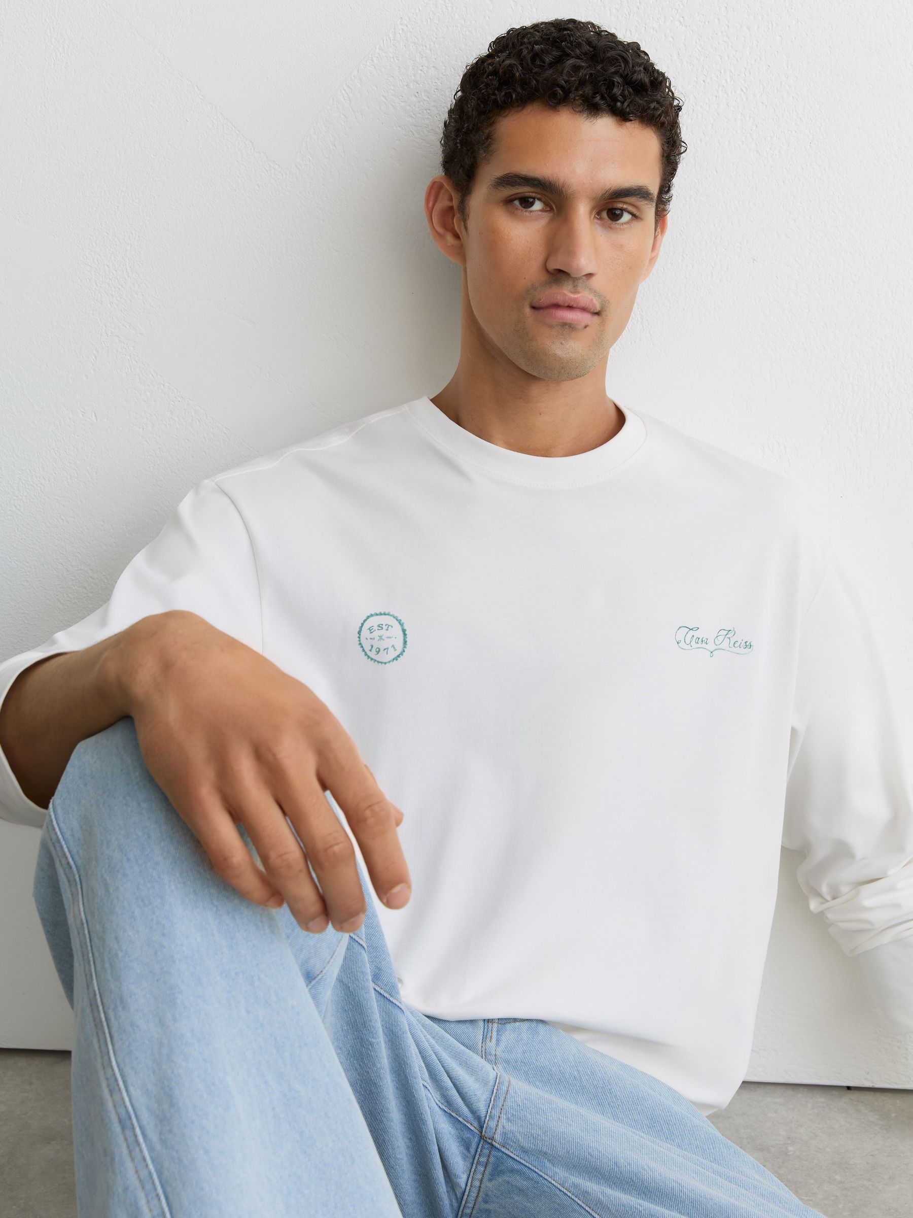Cotton Motif Long-Sleeve Relaxed T-Shirt in White - image 3