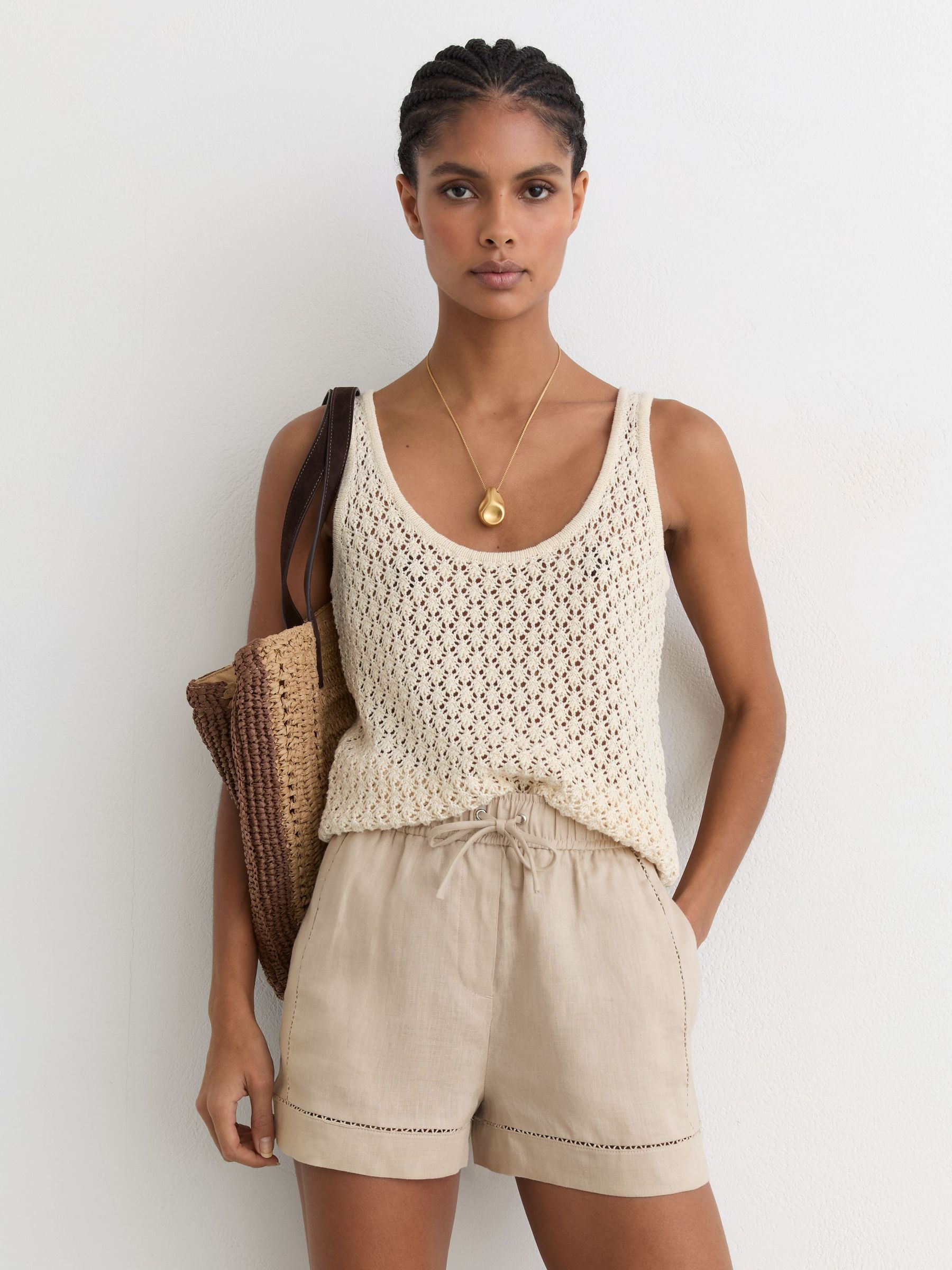 Linen Ladder-Embroidery Shorts in Neutral - image 5