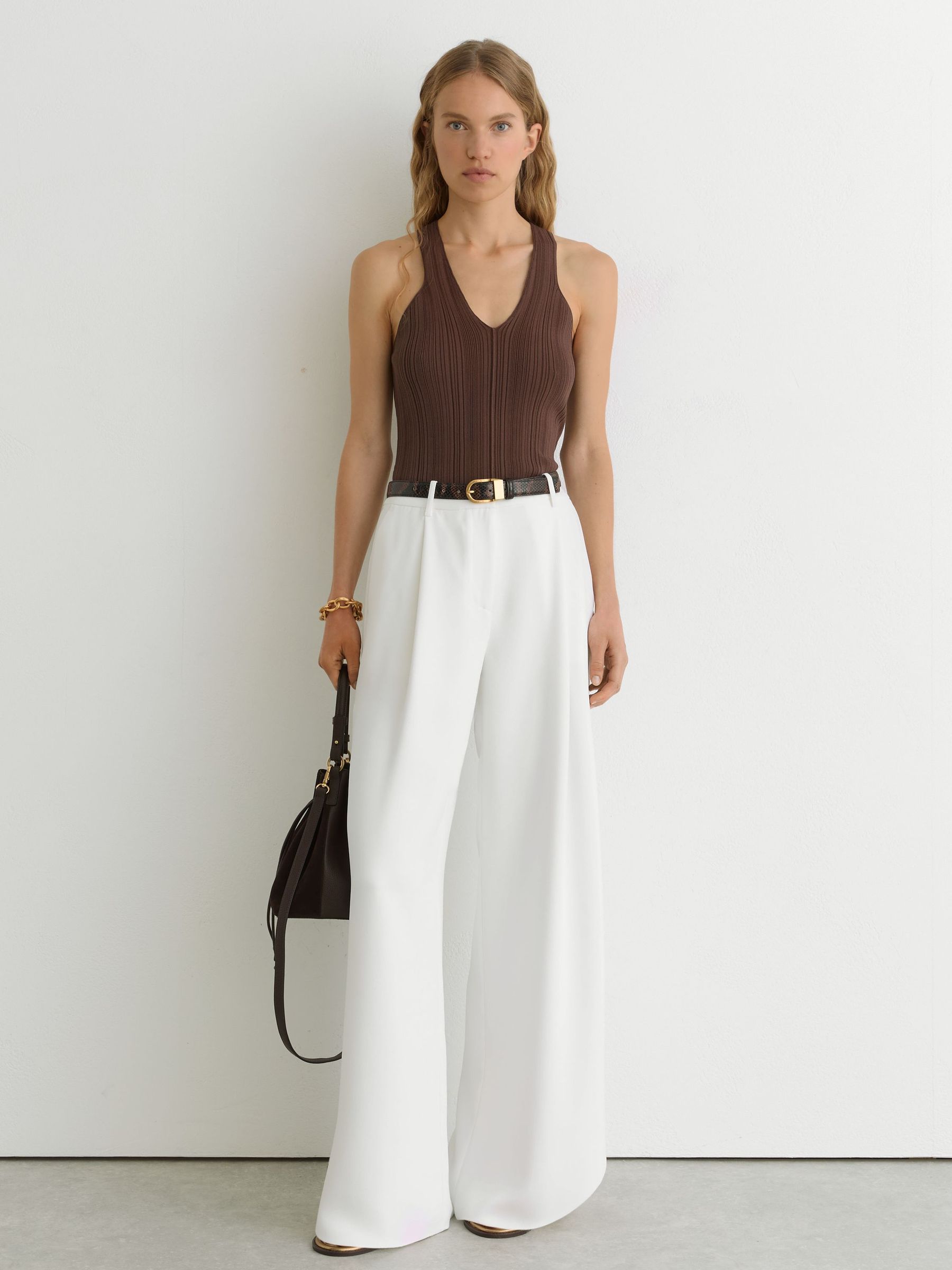 Pleated Knit V-Neck Vest in Chocolate Brown - Image 1 of 6