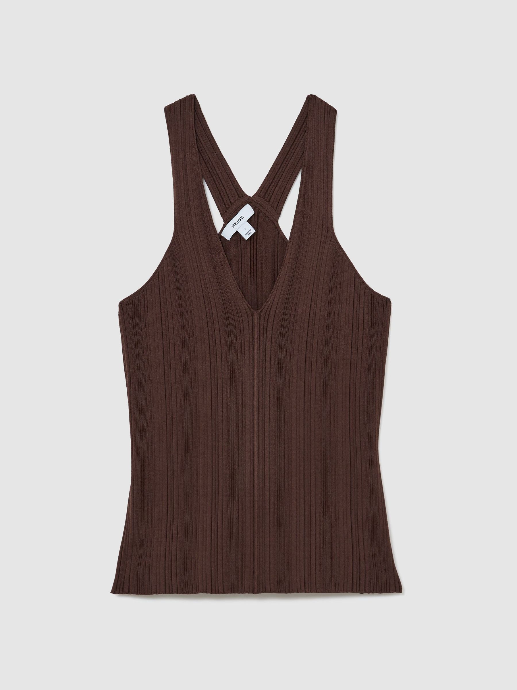 Pleated Knit V-Neck Vest in Chocolate Brown