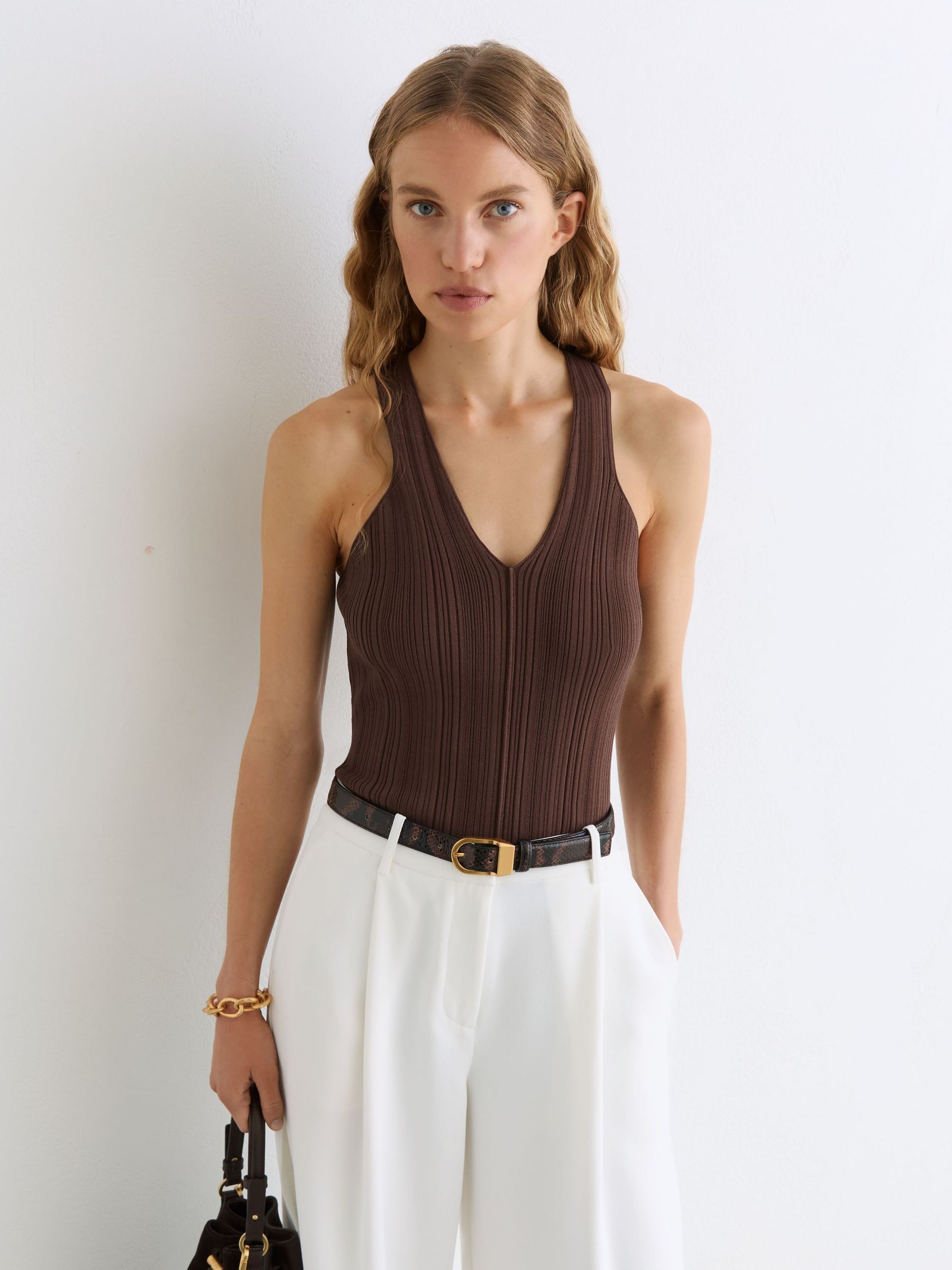 Pleated Knit V-Neck Vest in Chocolate Brown - Image 3 of 6
