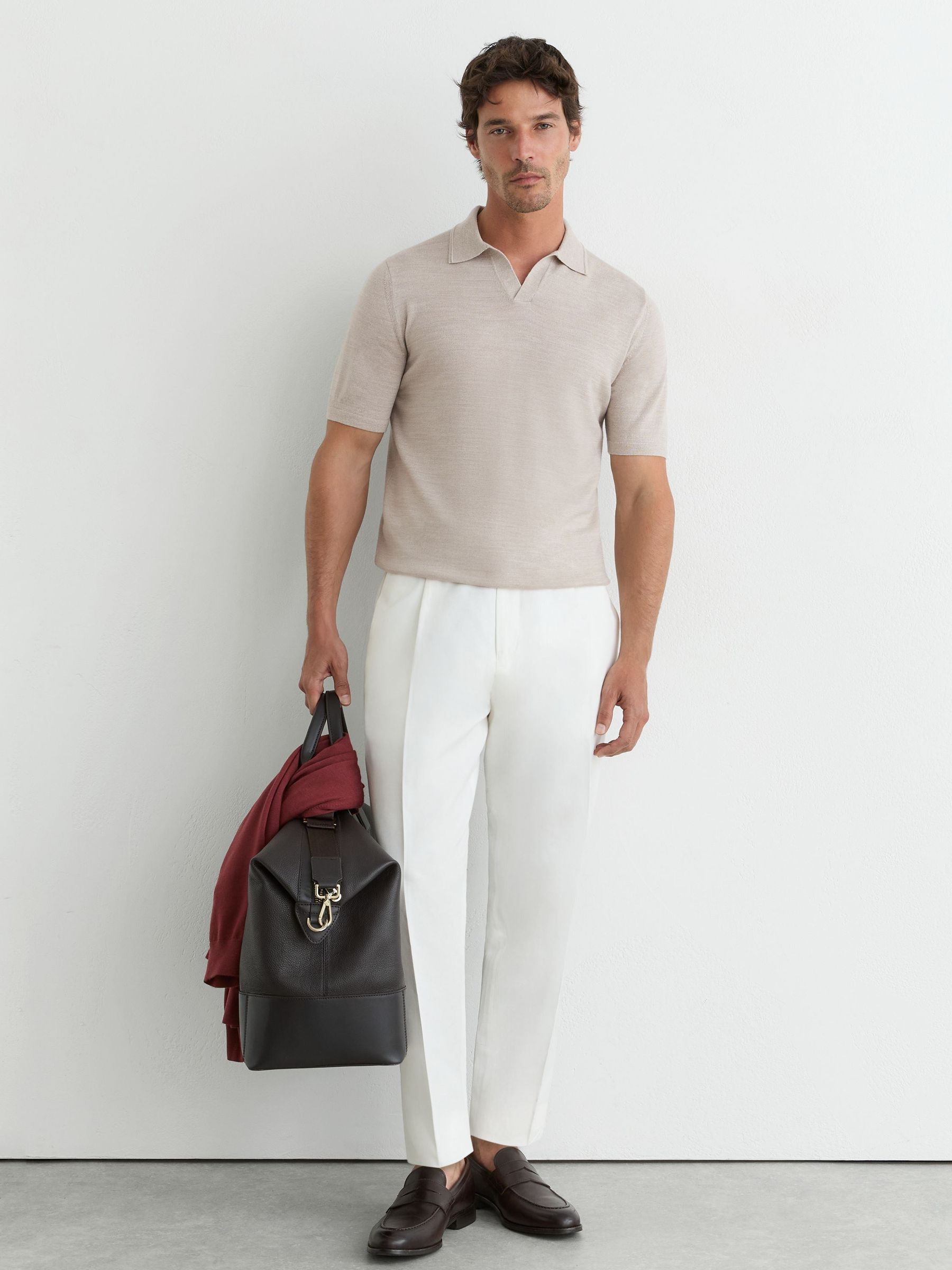 Merino Wool Open-Collar Polo Shirt in Stone Mouline - Image 1 of 6 Merino Wool Open-Collar Polo Shirt in Stone Mouline - Image 1 of 6