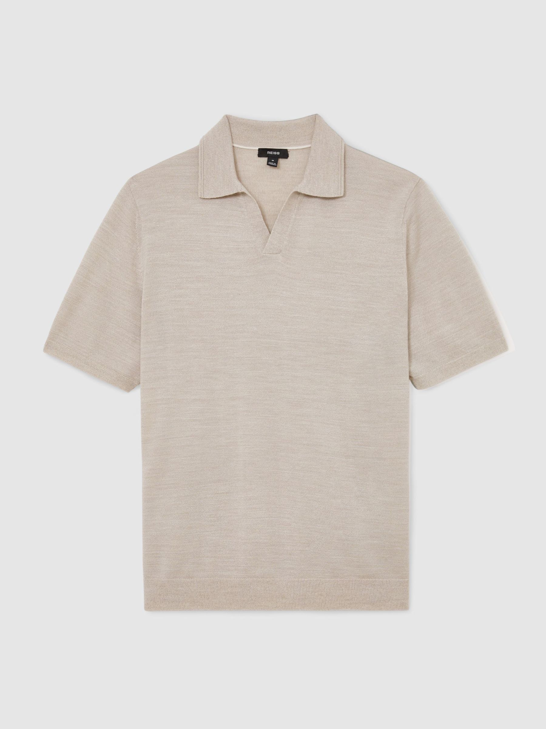 Merino Wool Open-Collar Polo Shirt in Stone Mouline - Image 2 of 6 Merino Wool Open-Collar Polo Shirt in Stone Mouline - Image 2 of 6