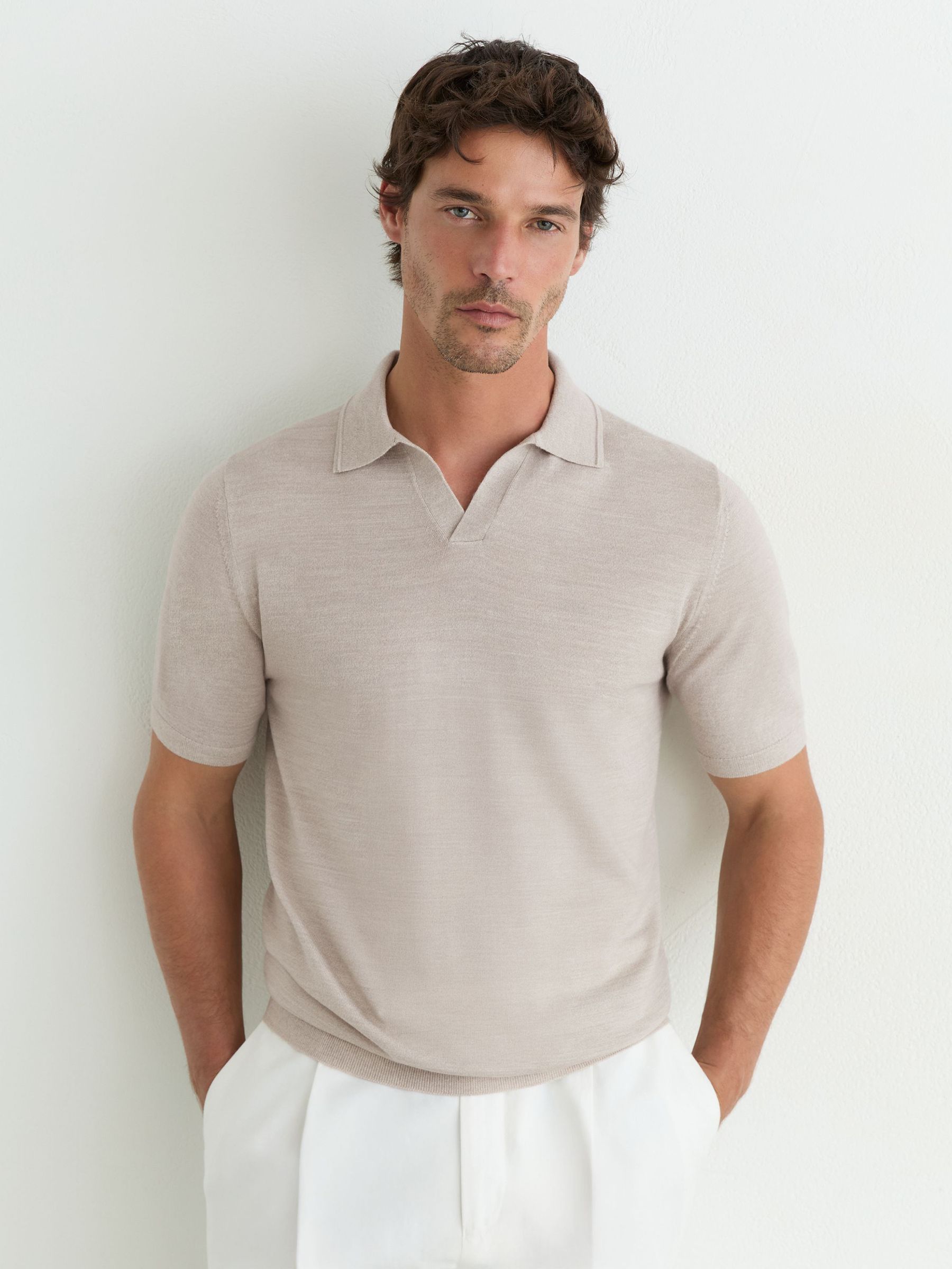 Merino Wool Open-Collar Polo Shirt in Stone Mouline - Image 4 of 6
