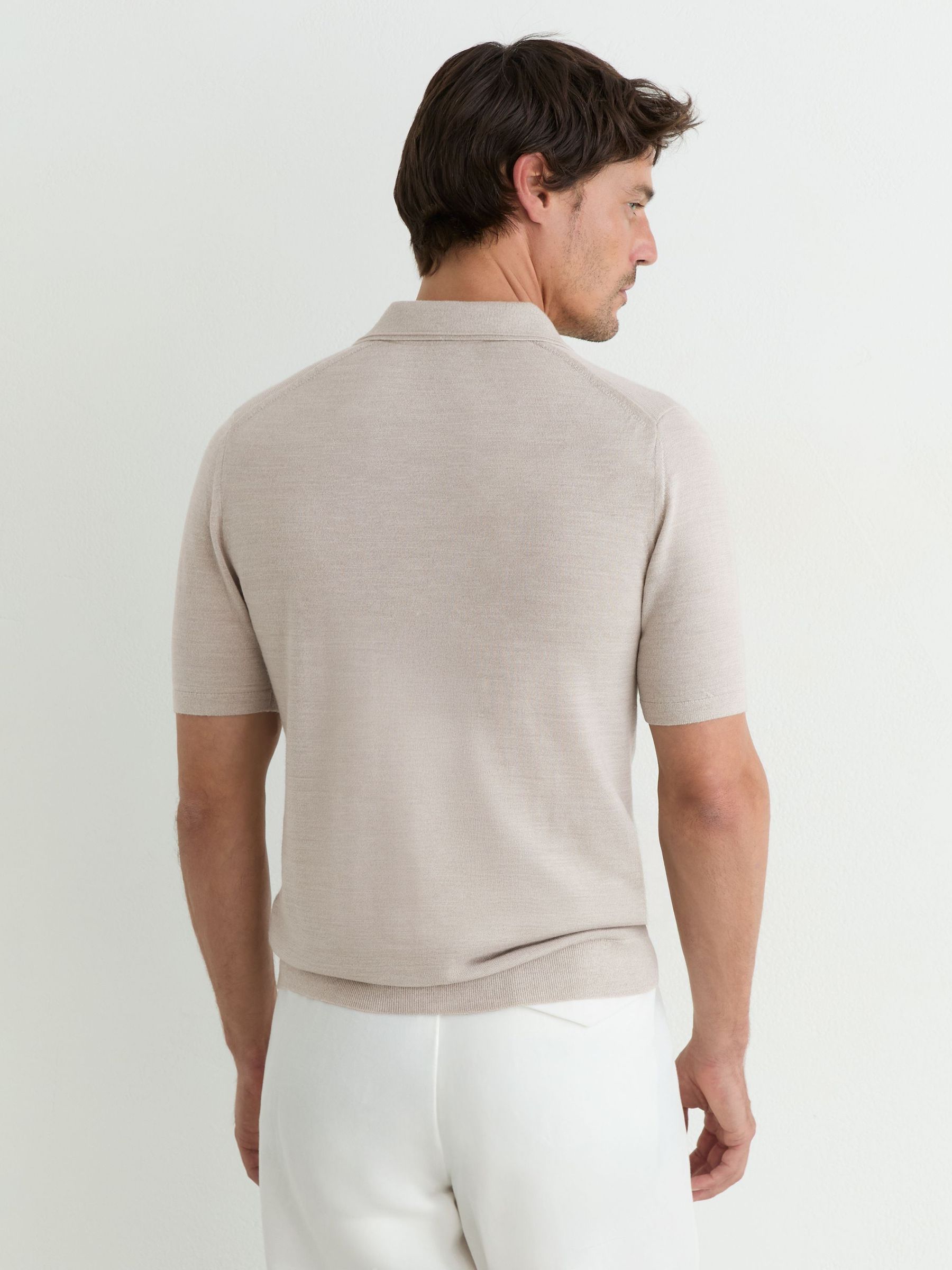 Merino Wool Open-Collar Polo Shirt in Stone Mouline - Image 5 of 6