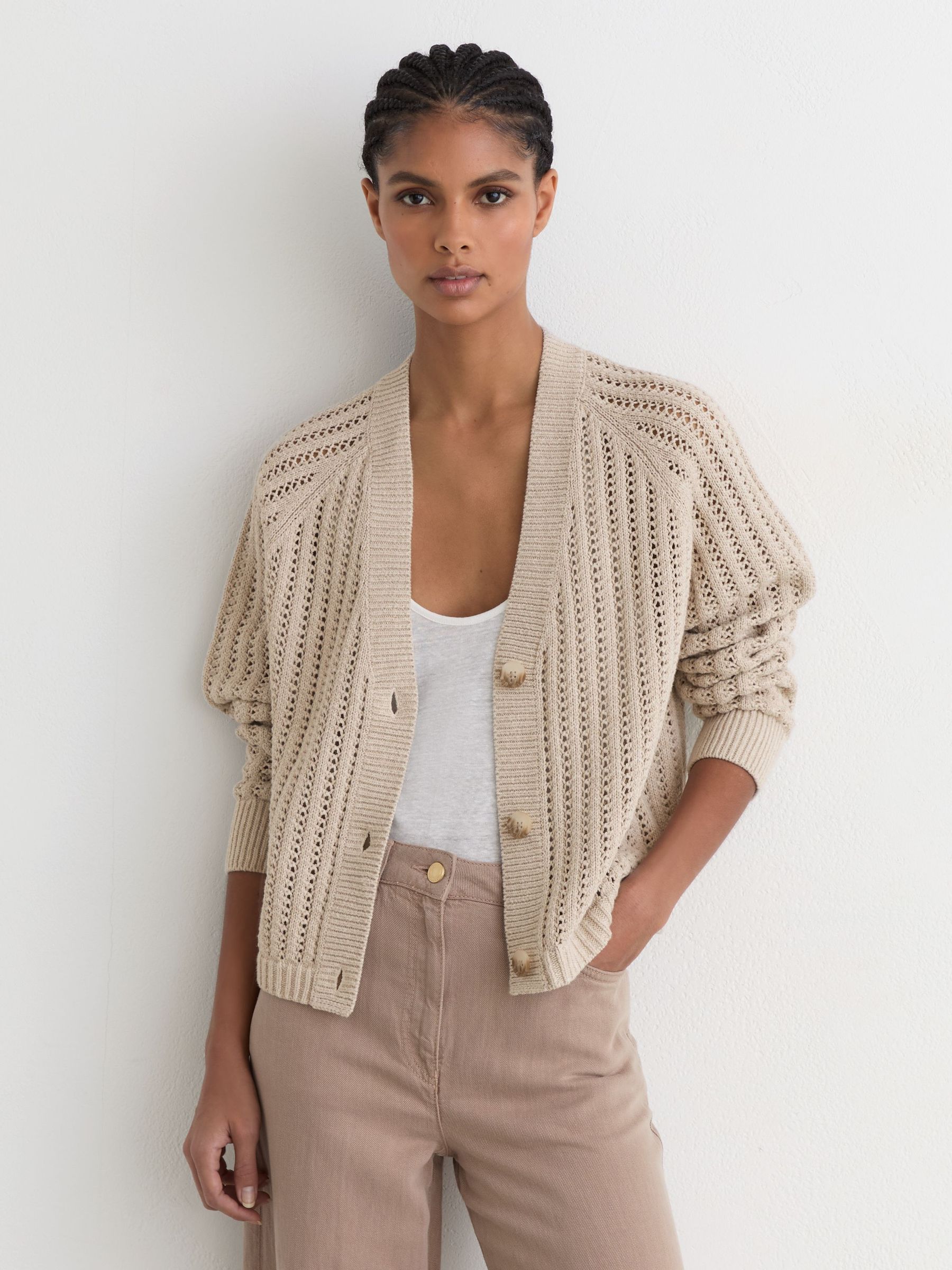Cotton-Blend Open-Knit Cardigan in Neutral - Image 1 of 8
