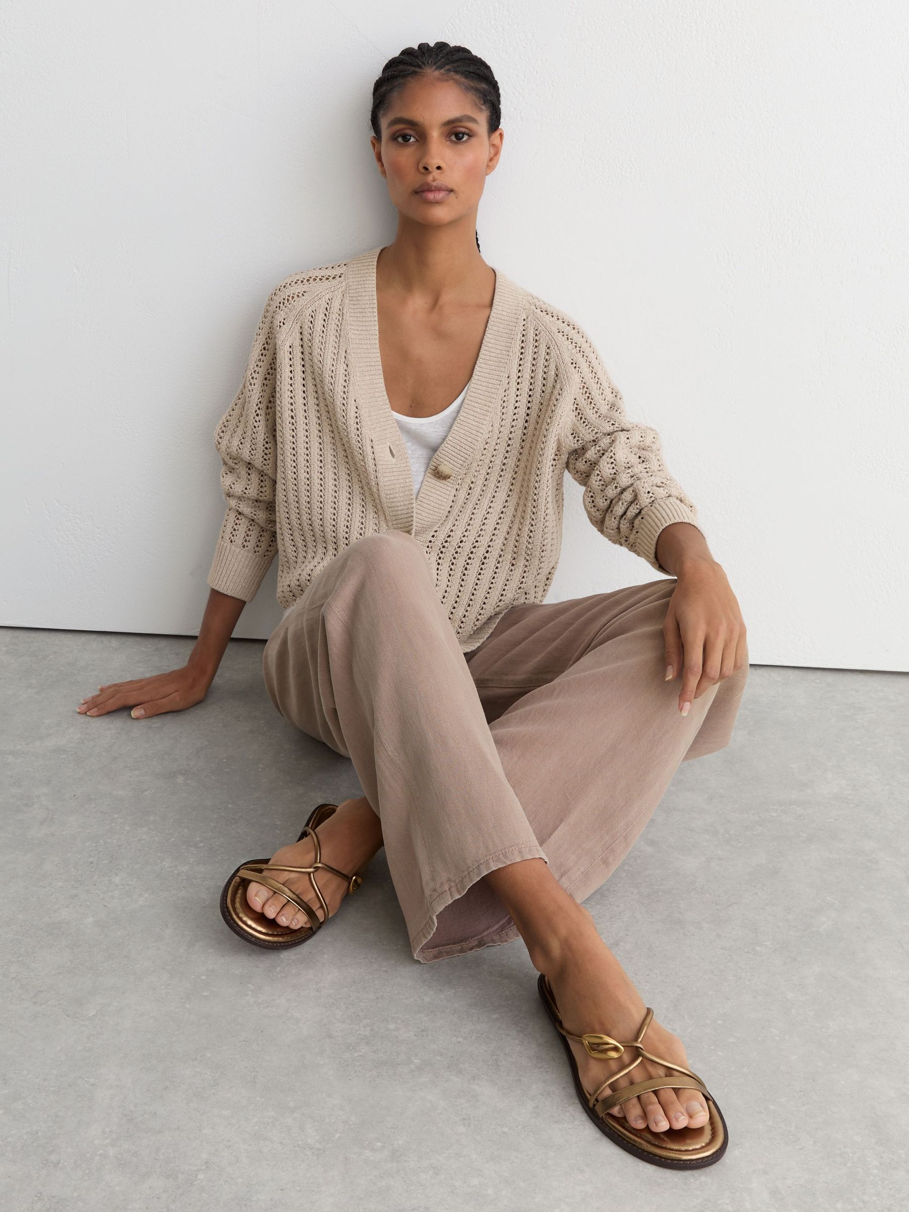 Cotton-Blend Open-Knit Cardigan in Neutral - Image 3 of 8