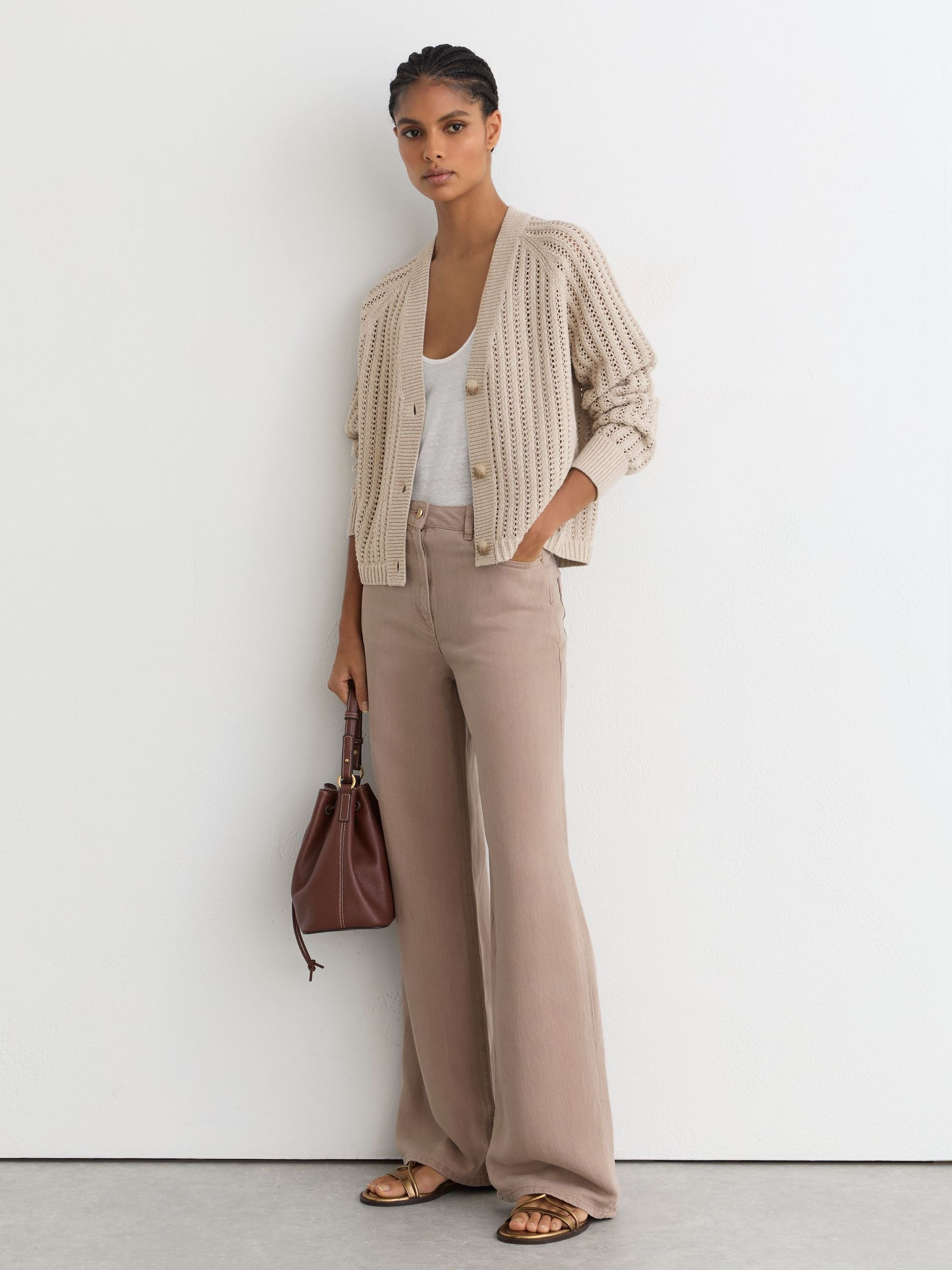 Cotton-Blend Open-Knit Cardigan in Neutral - Image 5 of 8