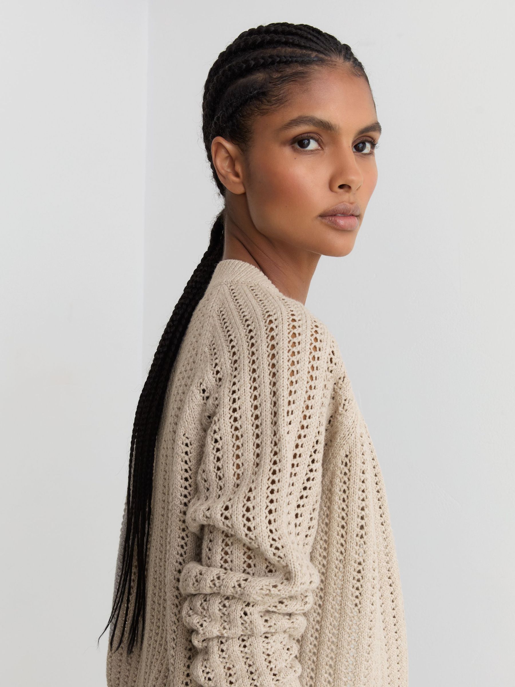Cotton-Blend Open-Knit Cardigan in Neutral - Image 7 of 8