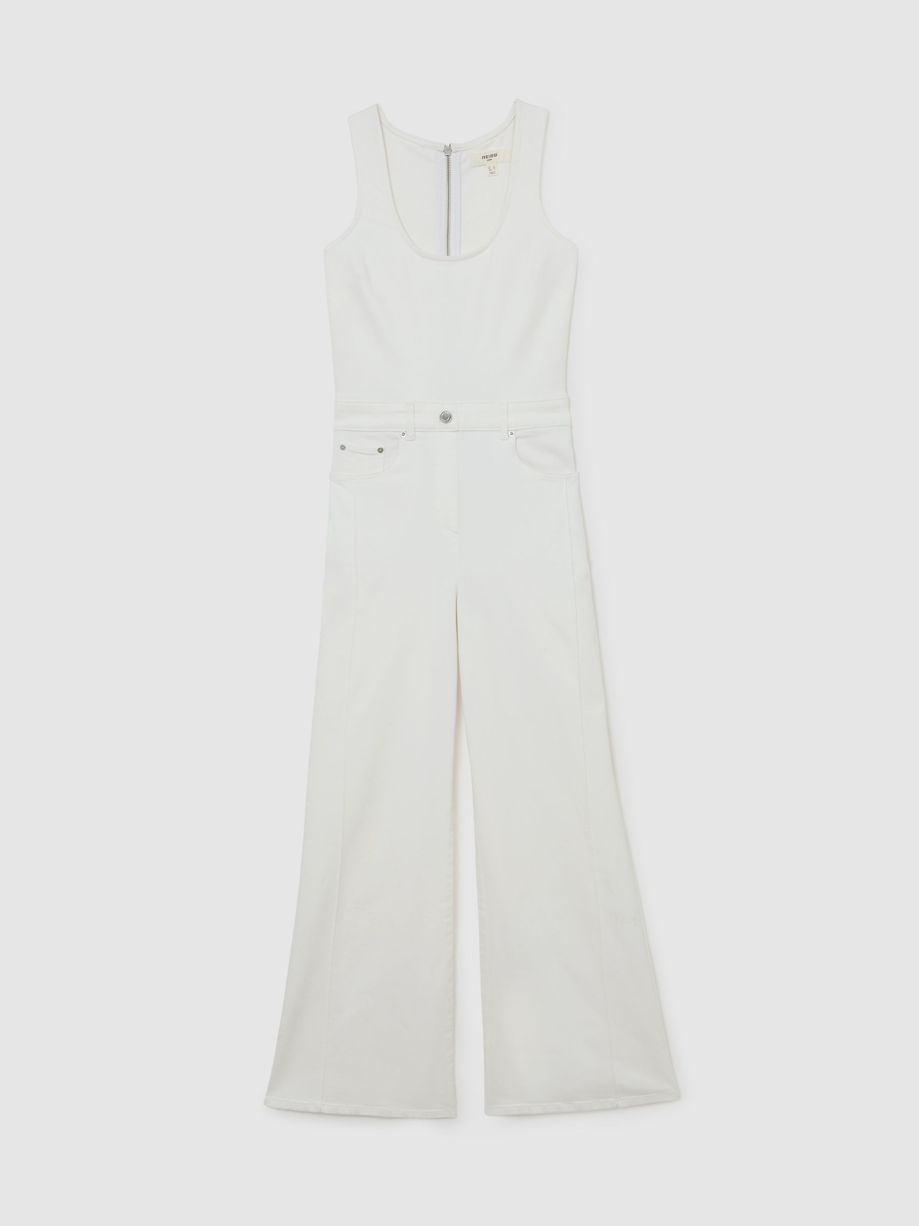 Wide-Leg Racer-Back Denim Jumpsuit in Cream - image 1
