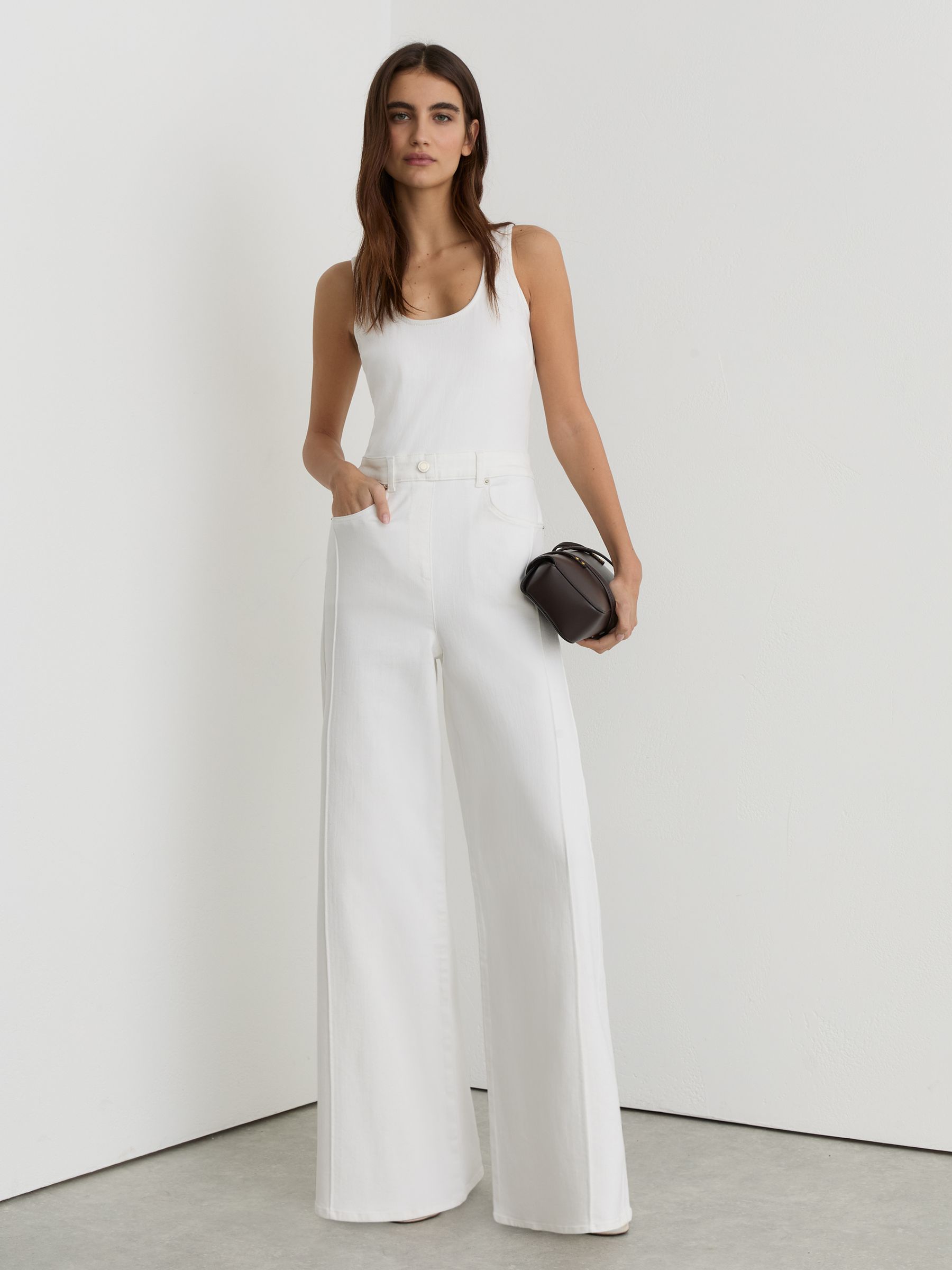 Petite Wide-Leg Racer-Back Denim Jumpsuit in Cream - Image 1 of 8