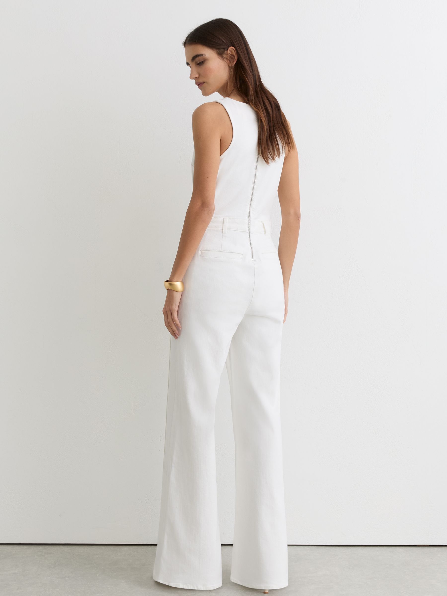Petite Wide-Leg Racer-Back Denim Jumpsuit in Cream - Image 5 of 8