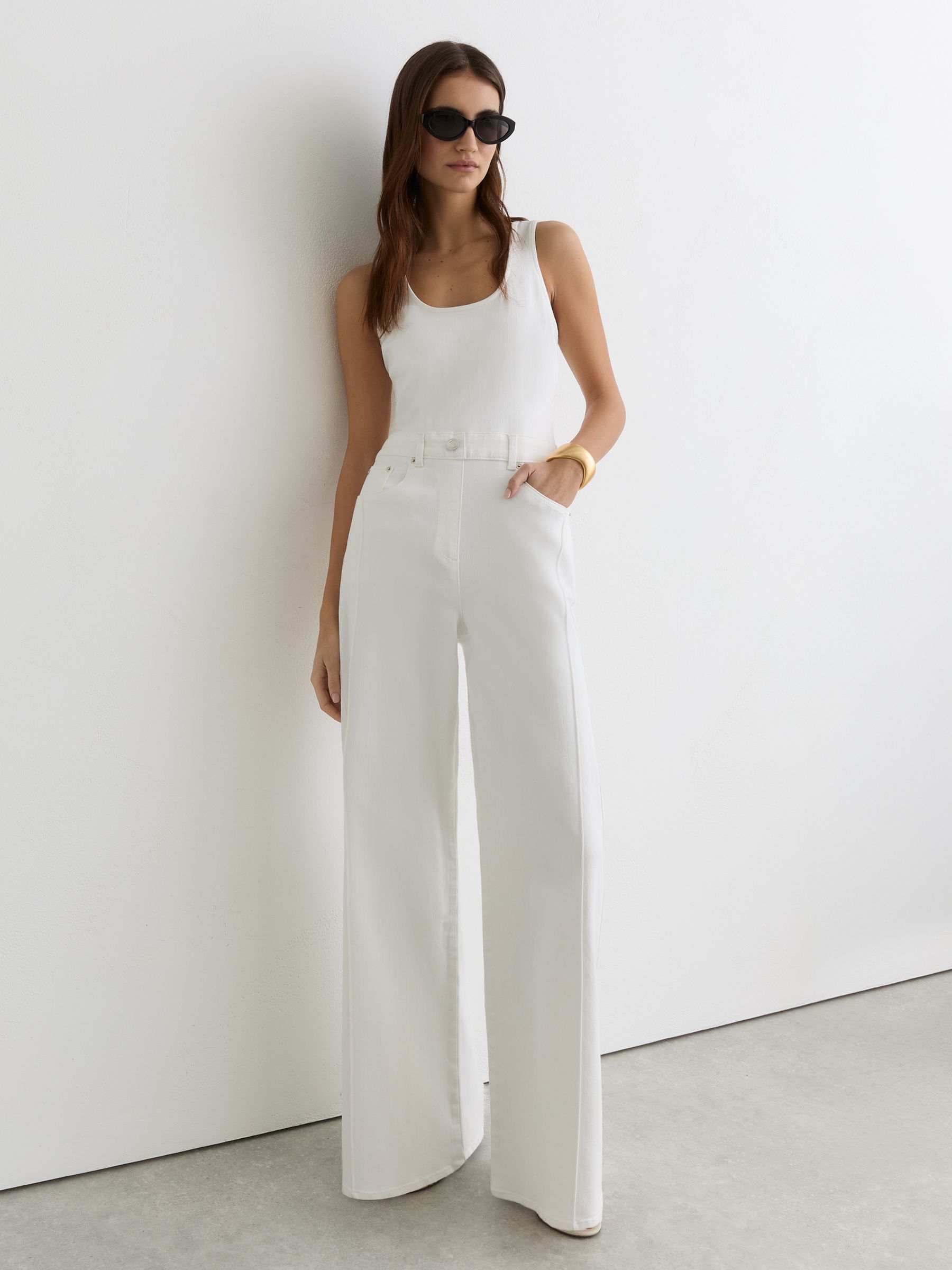 Petite Wide-Leg Racer-Back Denim Jumpsuit in Cream - Image 6 of 8