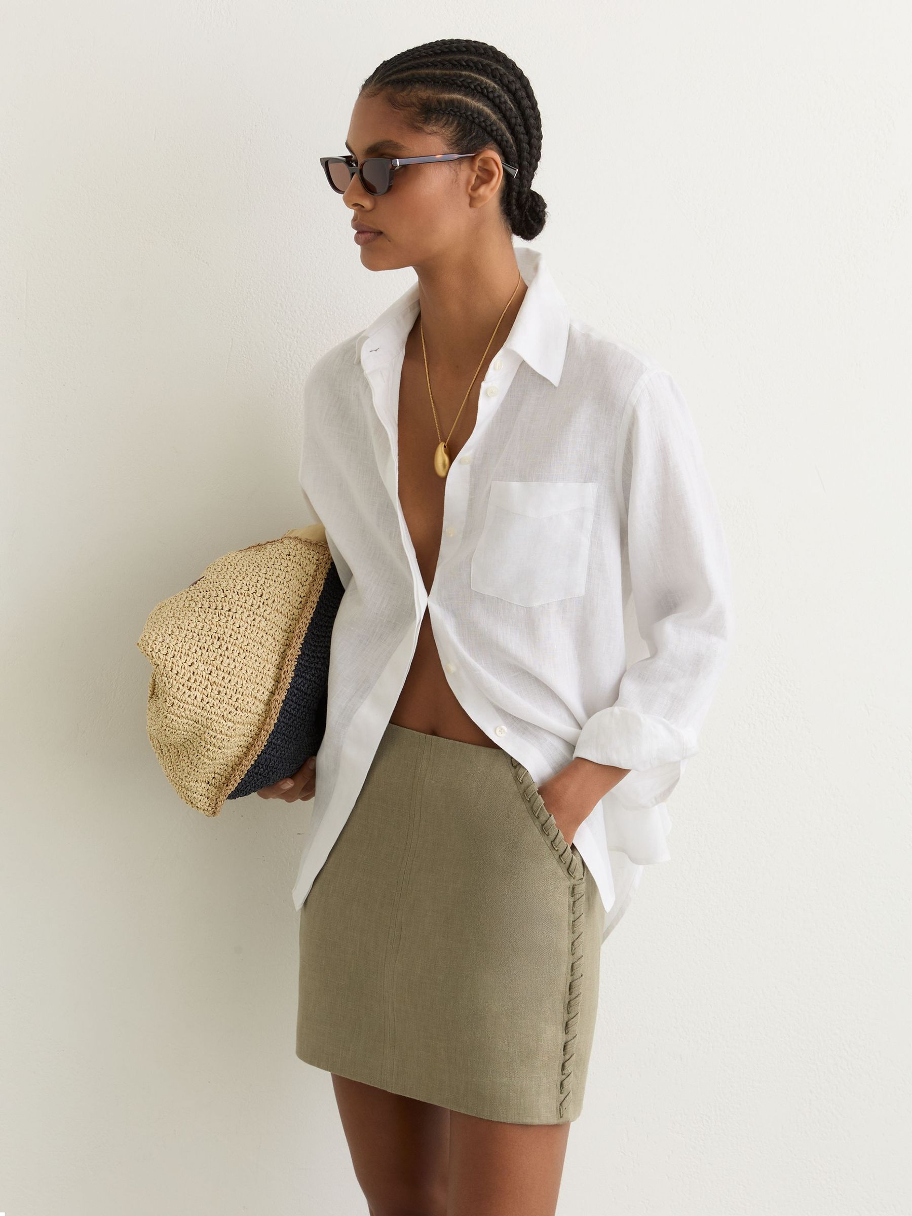 Linen Whipstitch Mini Skirt in Khaki Green - image 4