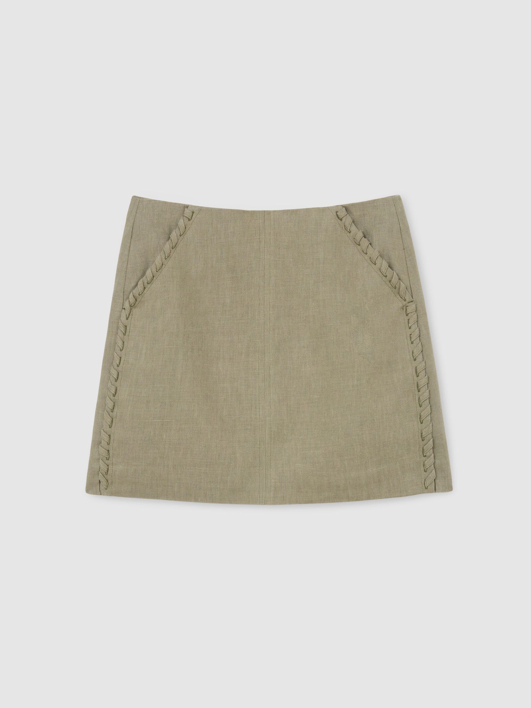 Linen Whipstitch Mini Skirt in Khaki Green
