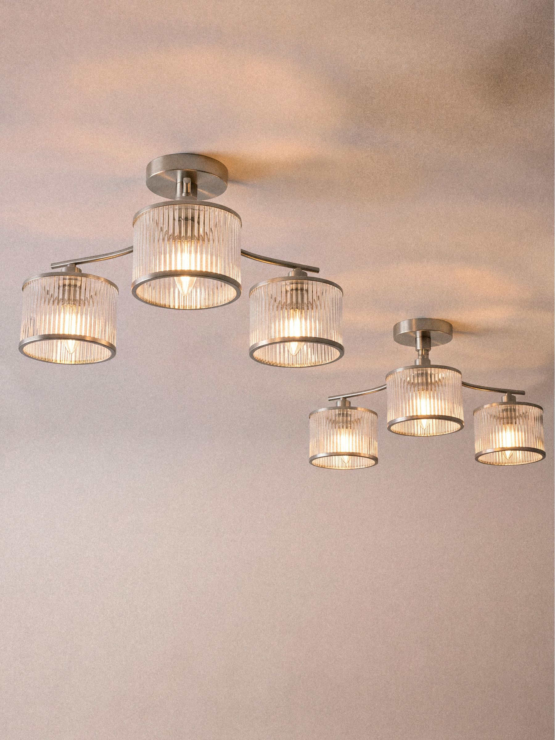 The Set 2 Pack Brushed Silver Ribbed Glass 3 Light Flush Ceiling Lights - Image 1 of 5