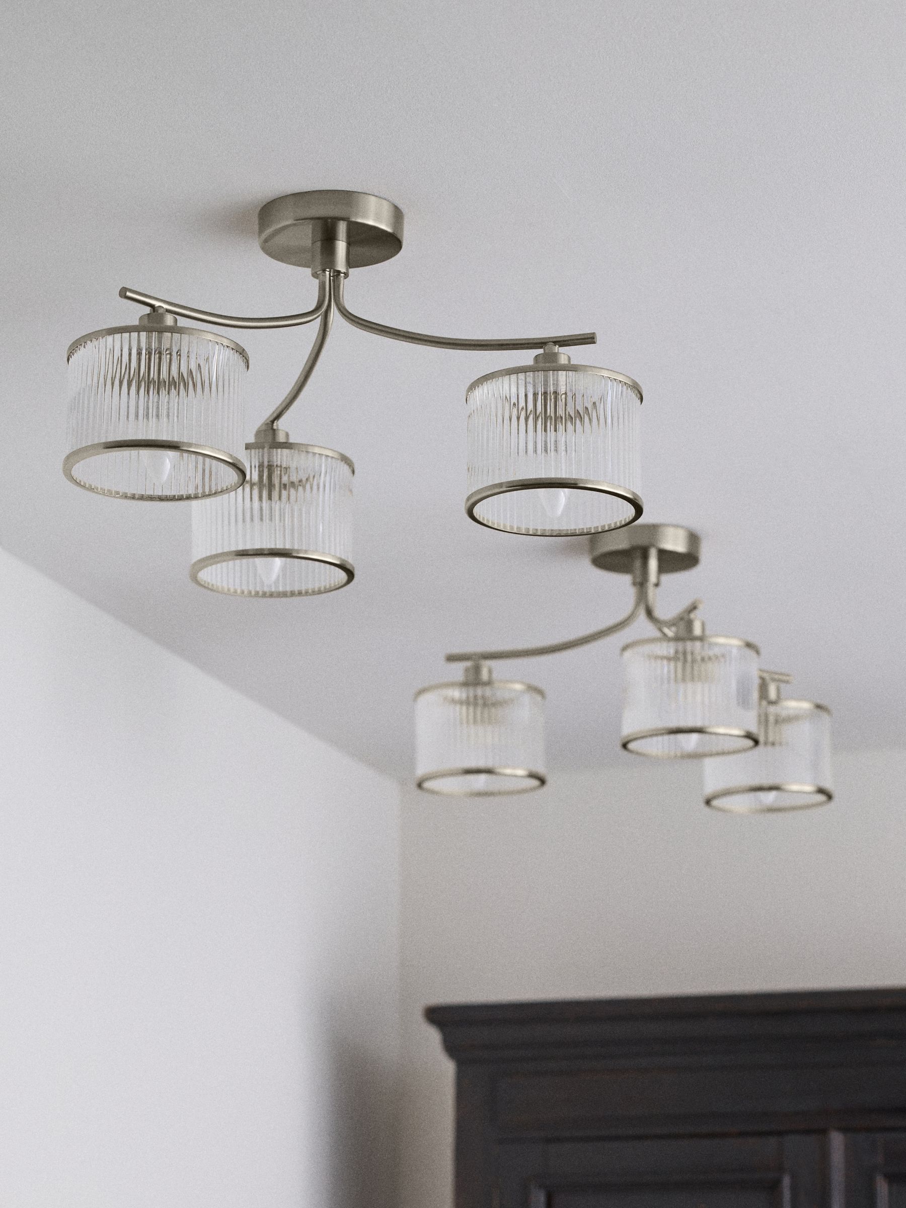 The Set 2 Pack Brushed Silver Ribbed Glass 3 Light Flush Ceiling Lights - Image 2 of 5