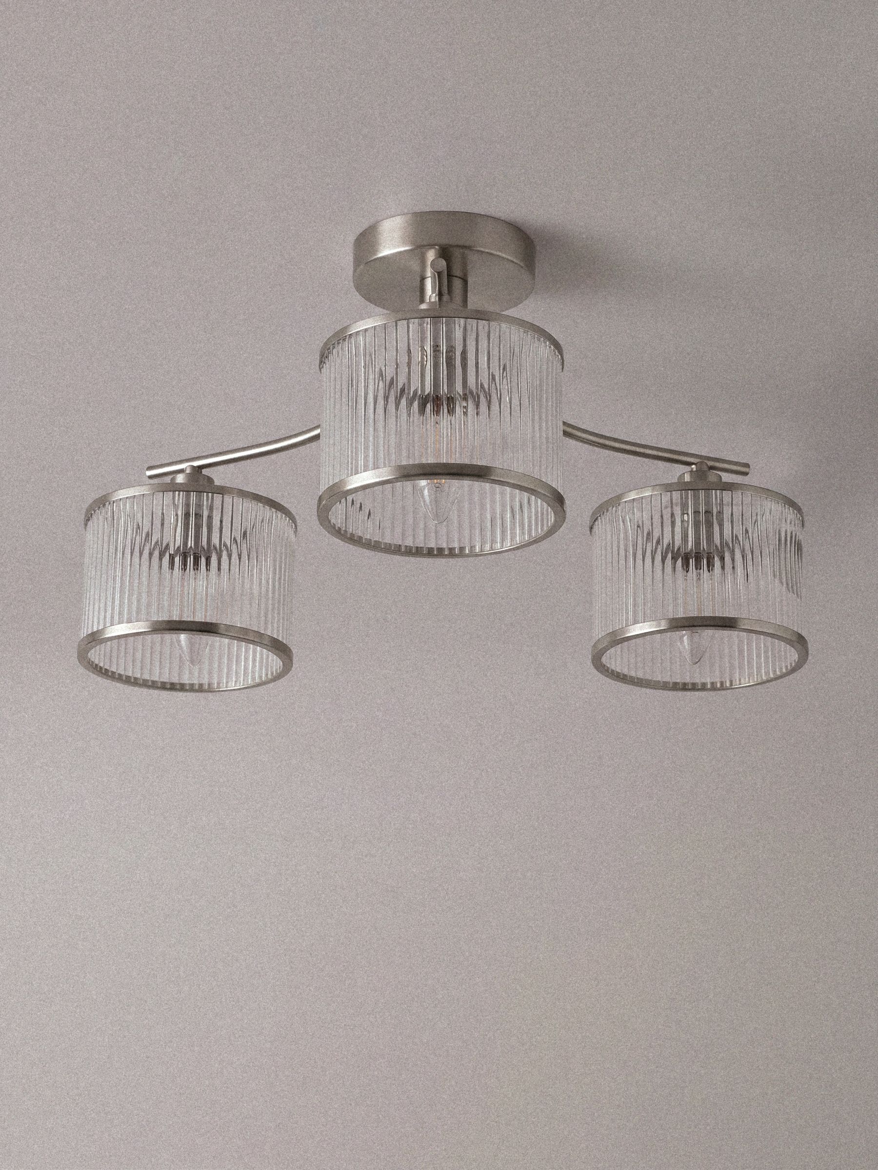 The Set 2 Pack Brushed Silver Ribbed Glass 3 Light Flush Ceiling Lights - Image 5 of 5