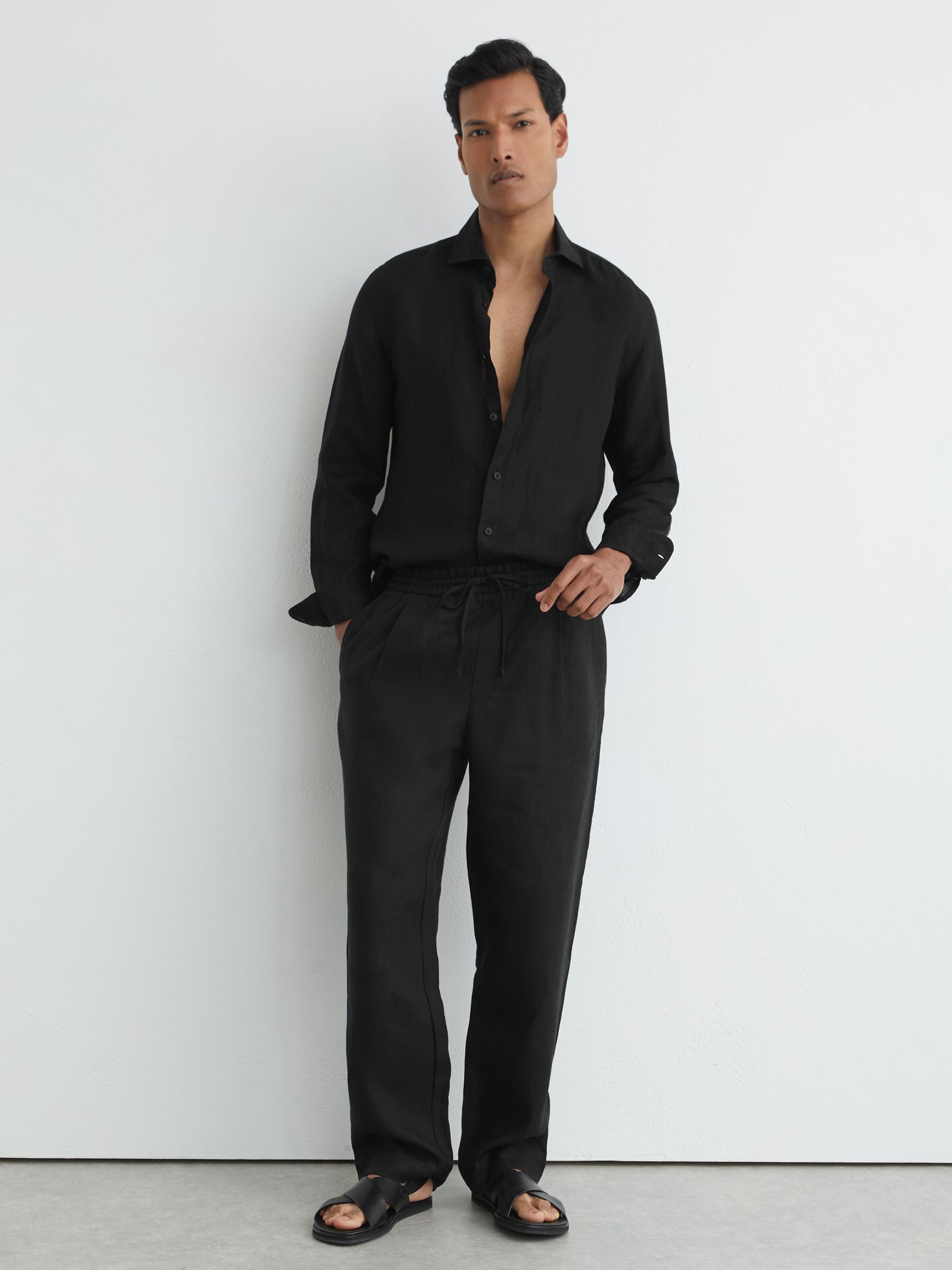Linen Relaxed-Fit Drawstring Trousers in Black - Image 1 of 6