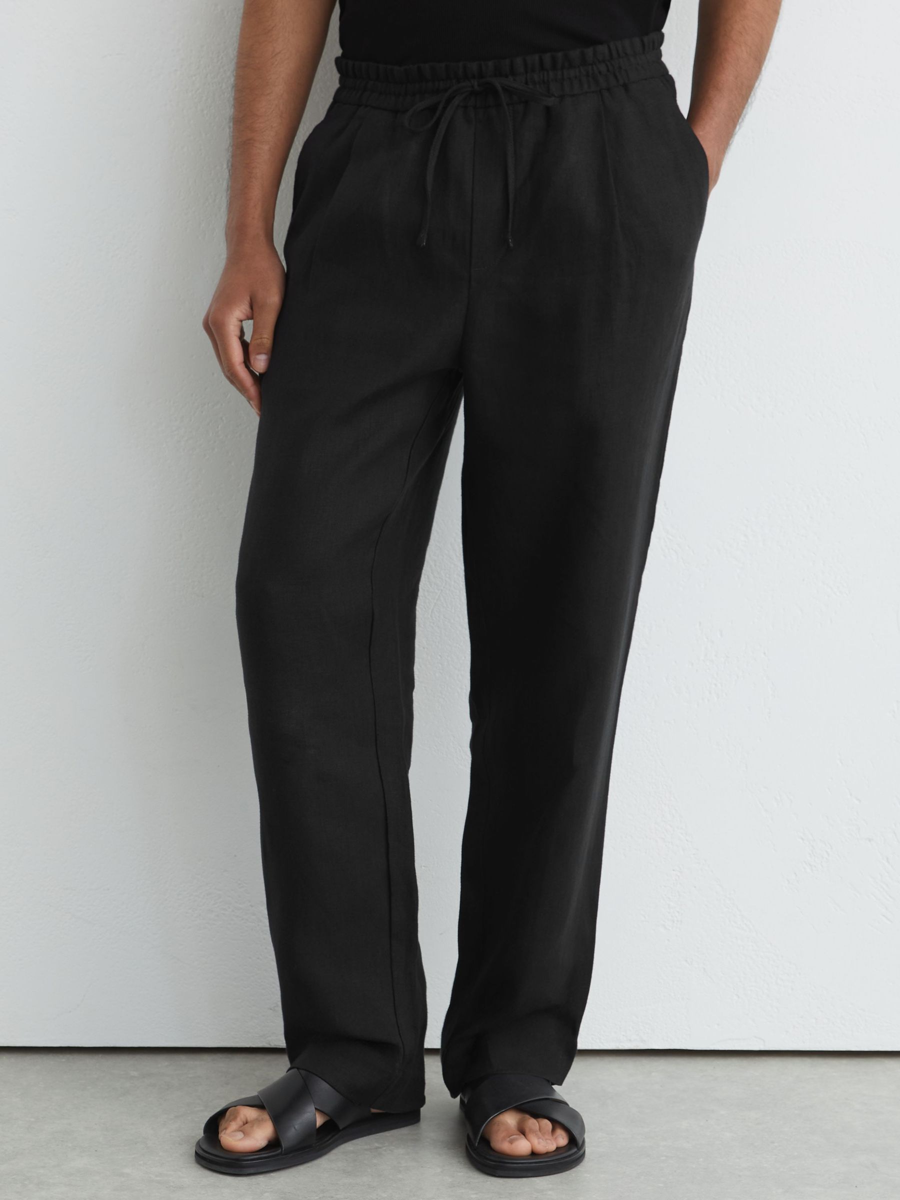 Linen Relaxed-Fit Drawstring Trousers in Black - Image 3 of 6