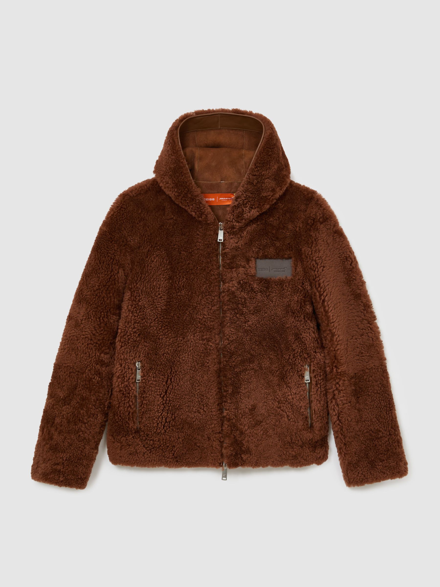 McLaren Racing Shearling Hooded Jacket Unisex-Fit in Brown - Image 2 of 9 McLaren Racing Shearling Hooded Jacket Unisex-Fit in Brown - Image 2 of 9