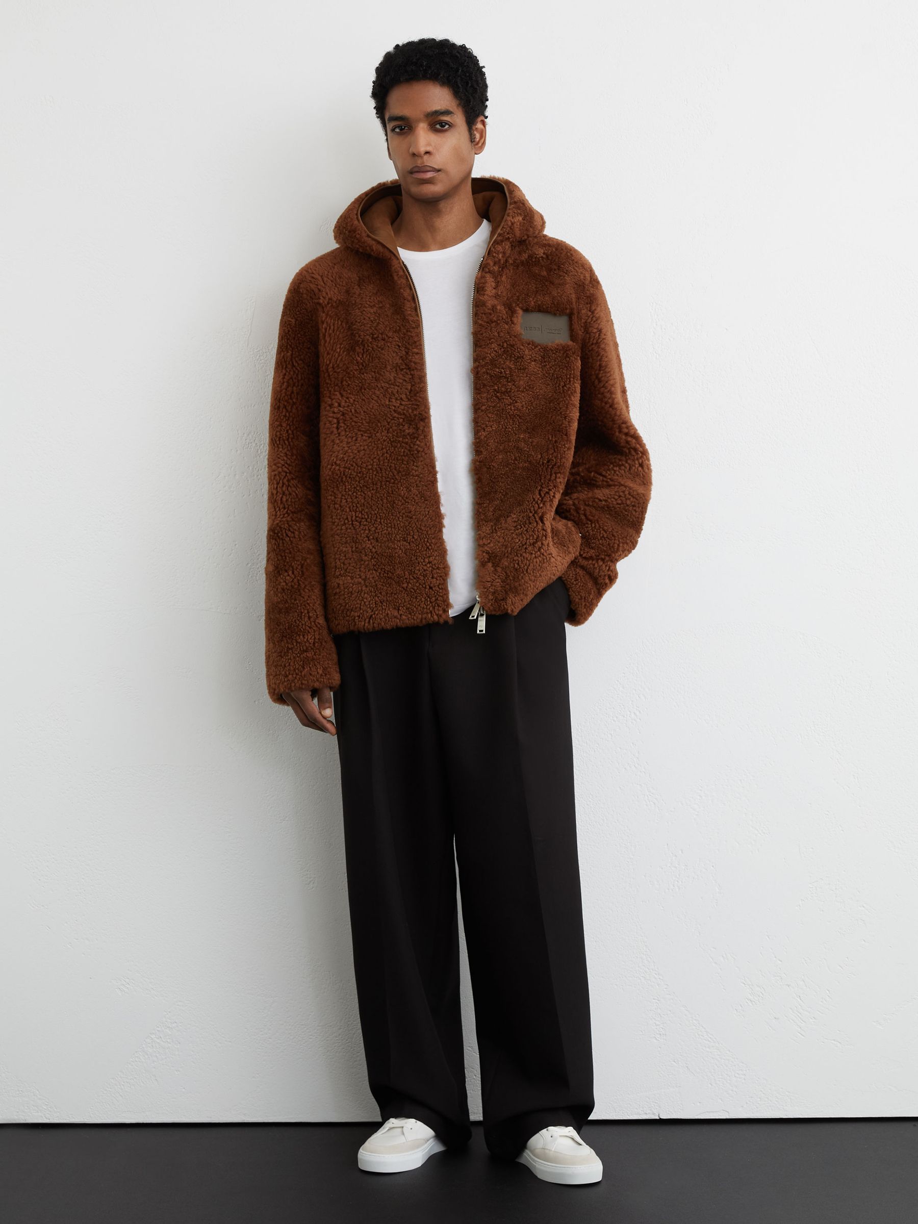 Reiss McLaren Racing Shearling Hooded Jacket Unisex-Fit in Brown 