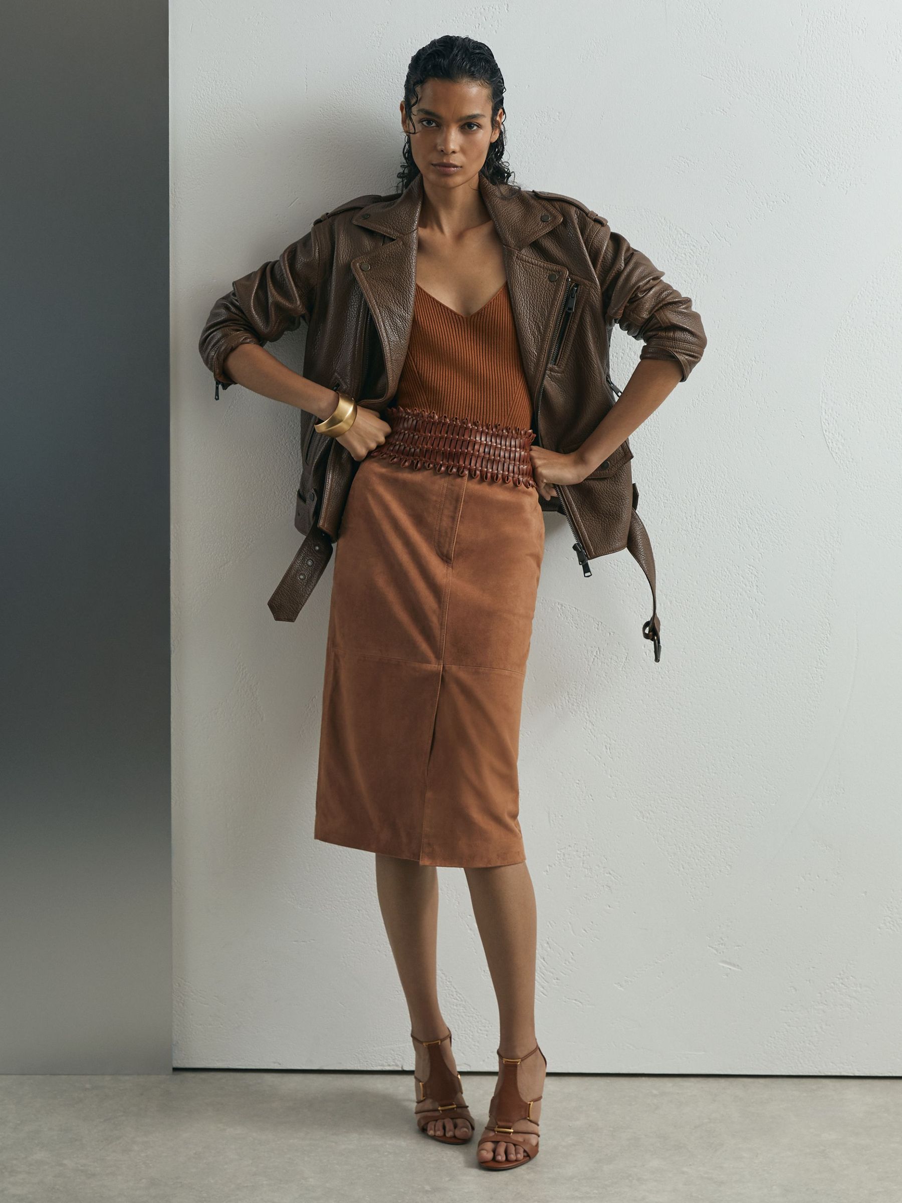 Atelier Suede Pencil Midi Skirt in Tan - Image 1 of 8