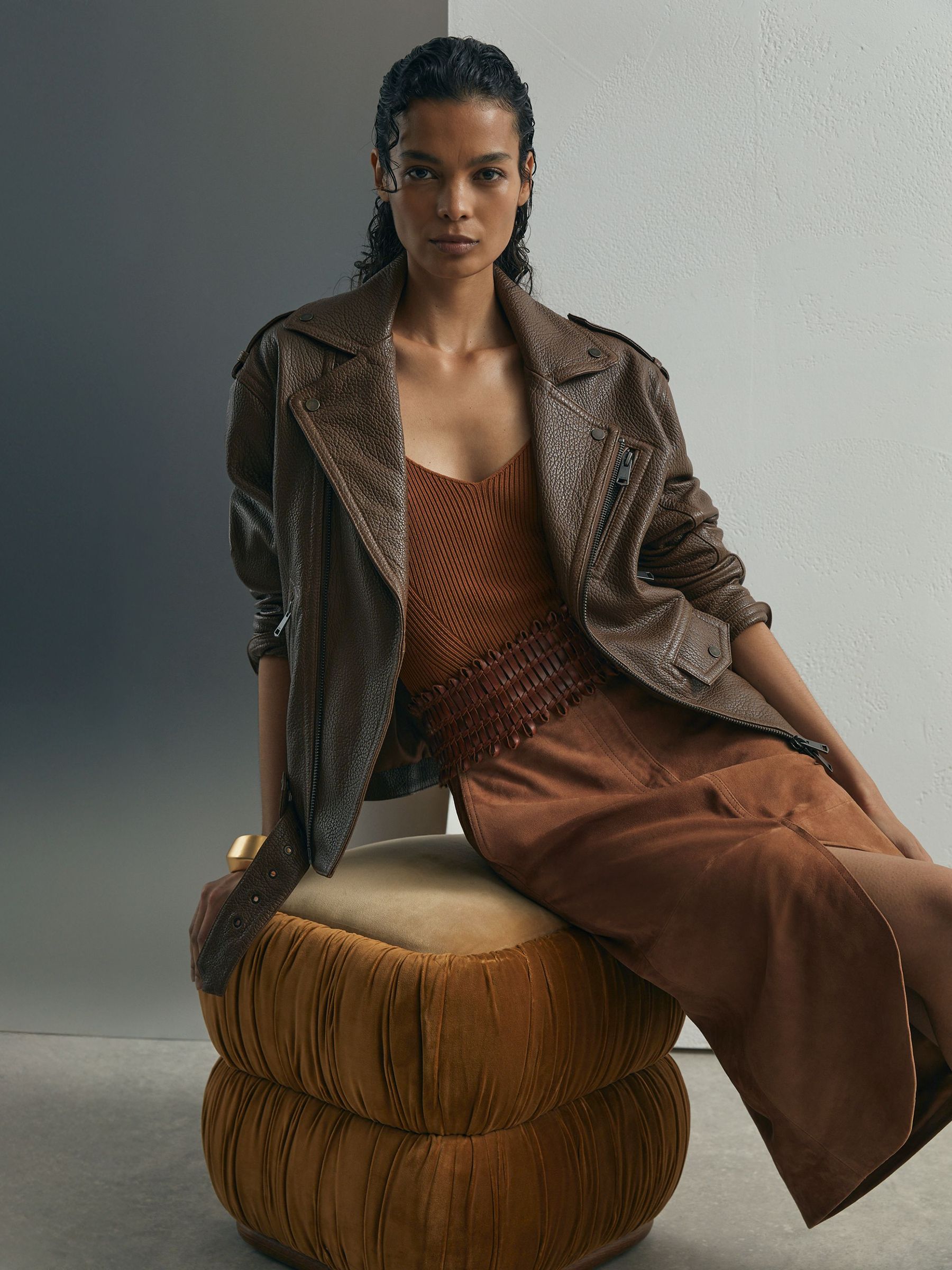 Atelier Suede Pencil Midi Skirt in Tan - Image 4 of 8