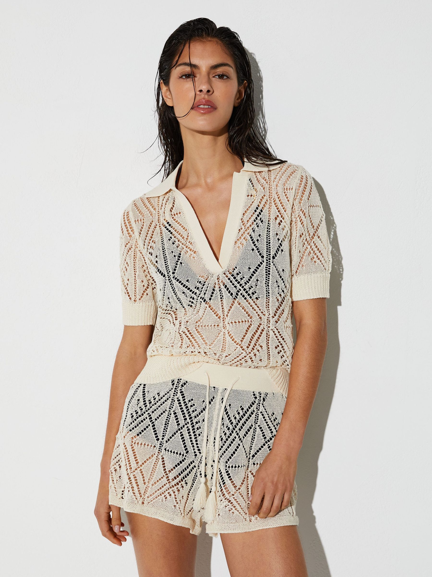 Cotton-Blend Open-Knit Top in Cream - Image 1 of 6