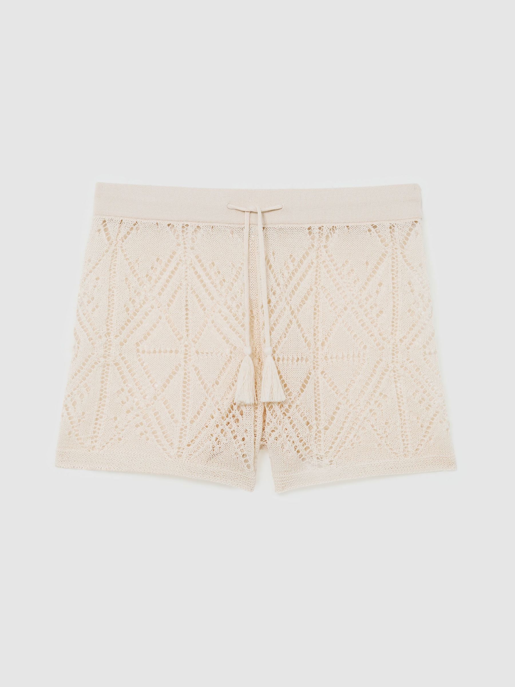 Cotton-Blend Open-Knit Shorts in Cream - Image 2 of 6