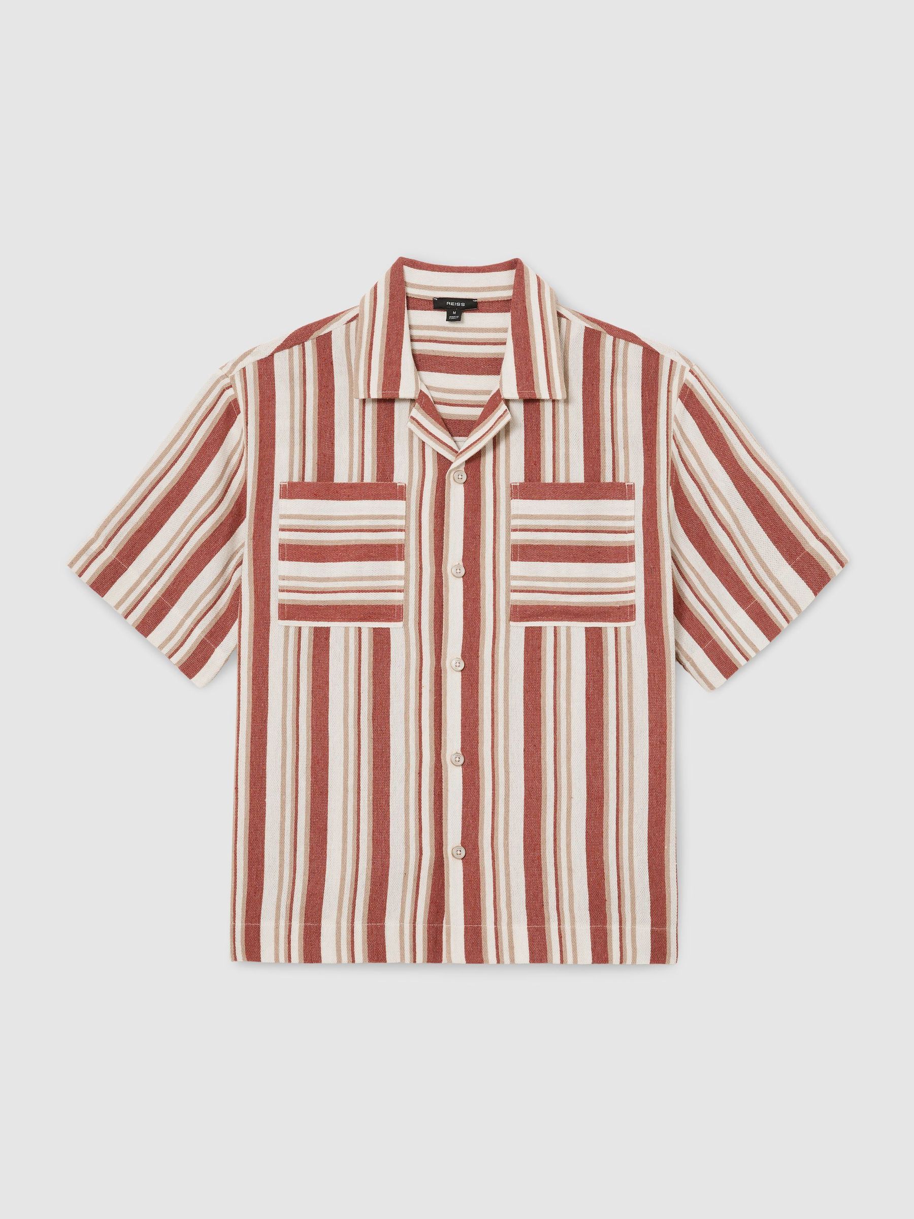 Chemise rayée à col cubain Rouge/Beige Sable - Image 2 de 5