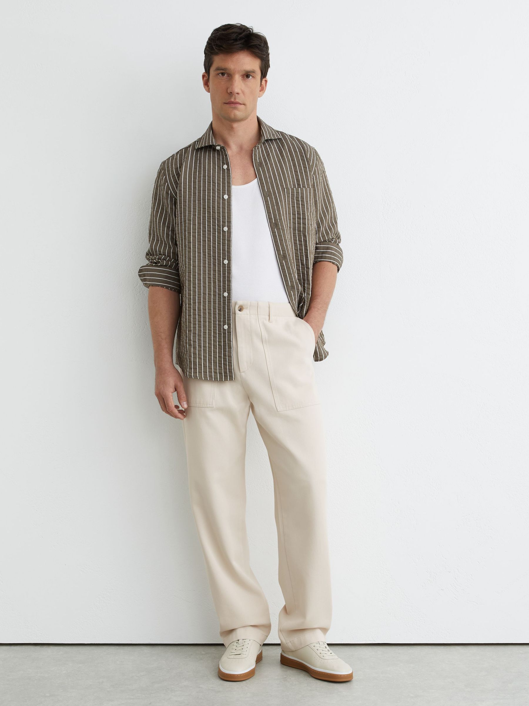 Cotton and Wool Relaxed-Fit Trousers in Stone - Image 1 of 6
