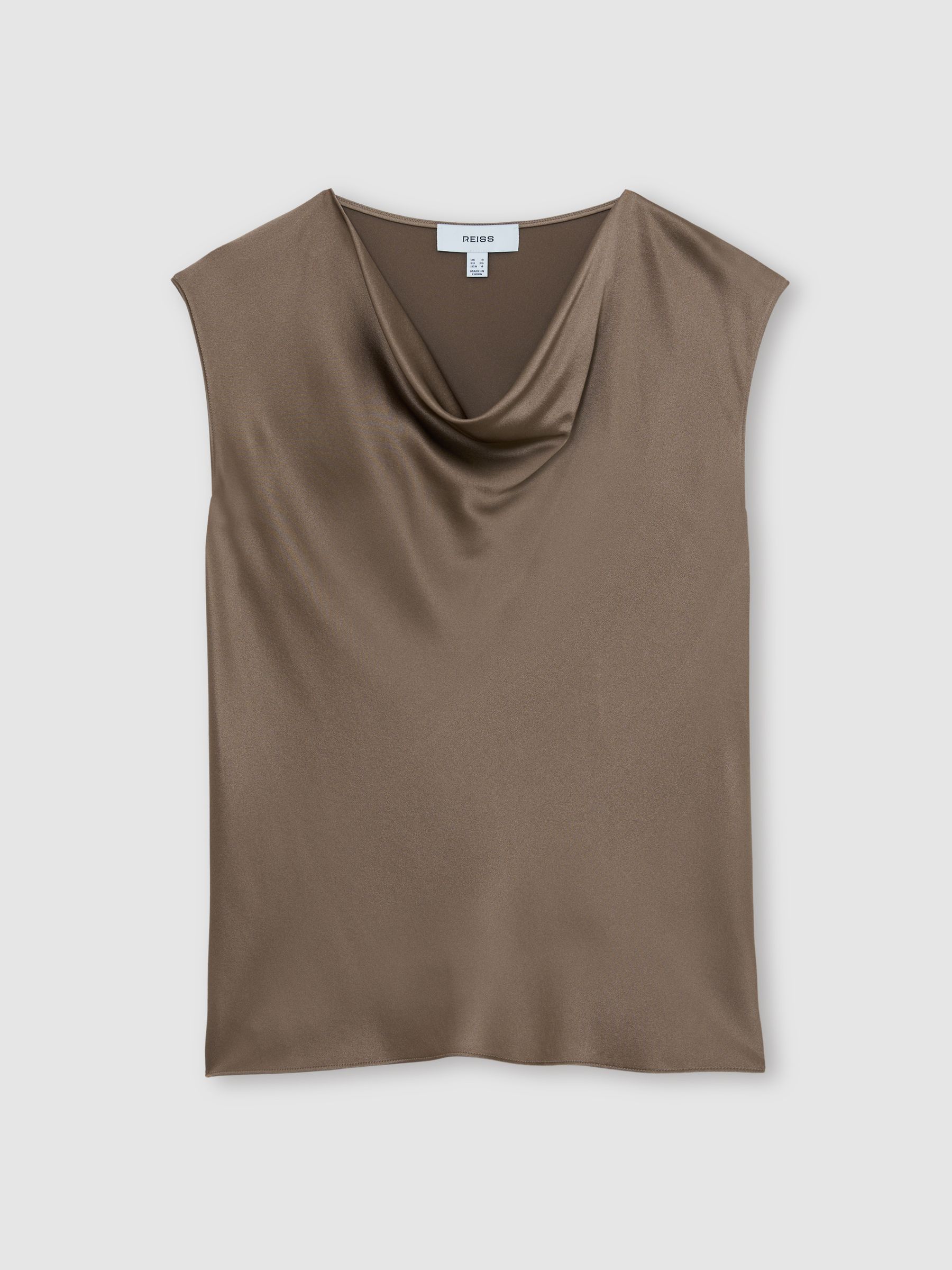 Silk Cowl-Neck Sleeveless Top in Taupe Brown - Image 2 of 6