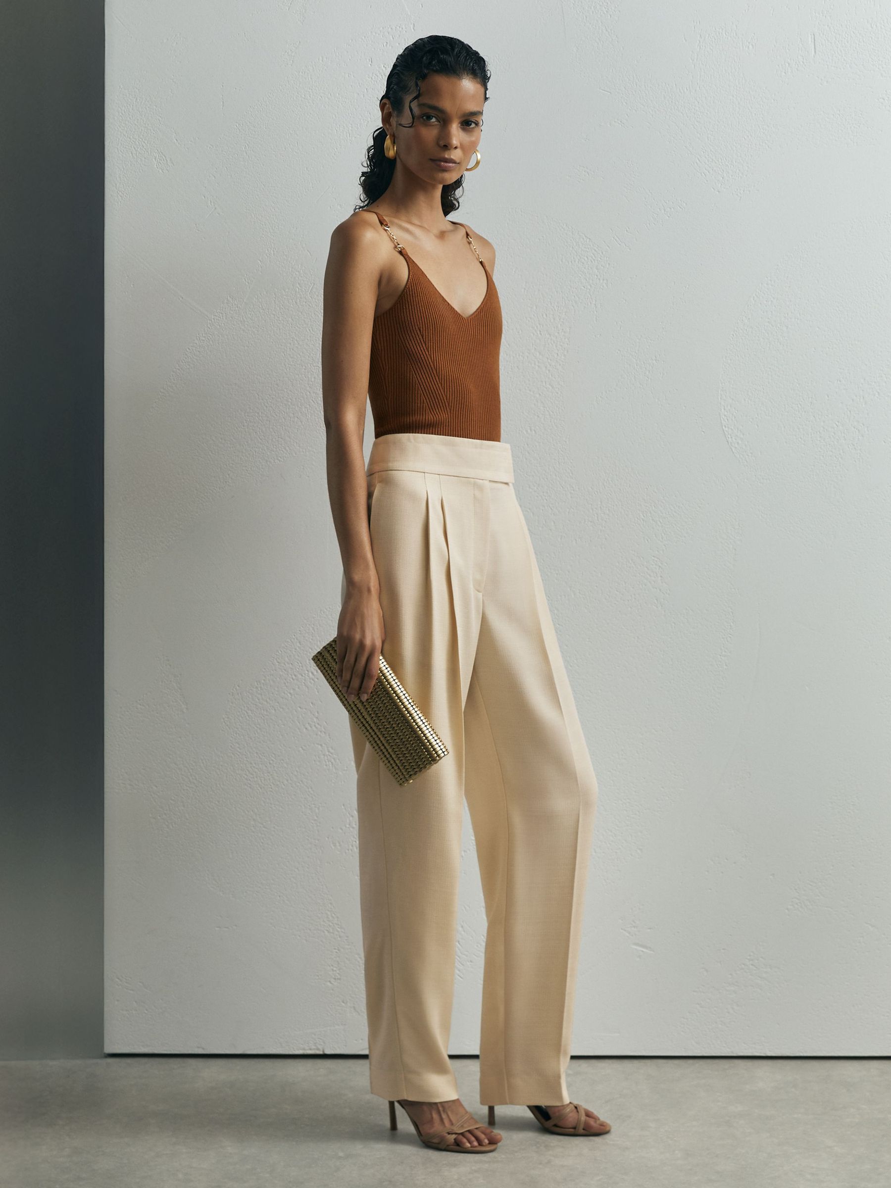 Atelier Cream Woven Tapered Pleated Trousers in Cream - Image 1 of 7