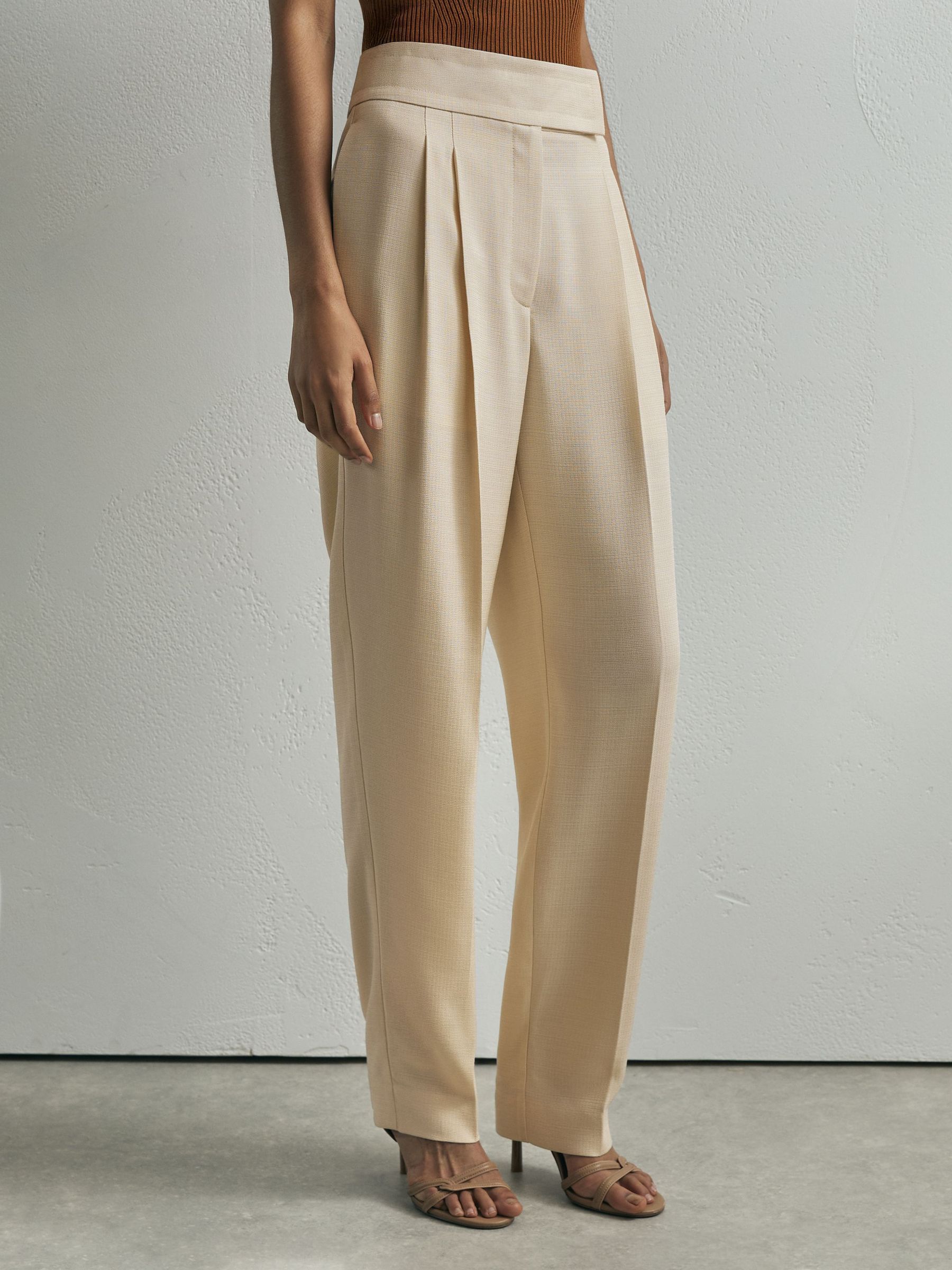 Atelier Cream Woven Tapered Pleated Trousers in Cream - Image 4 of 7