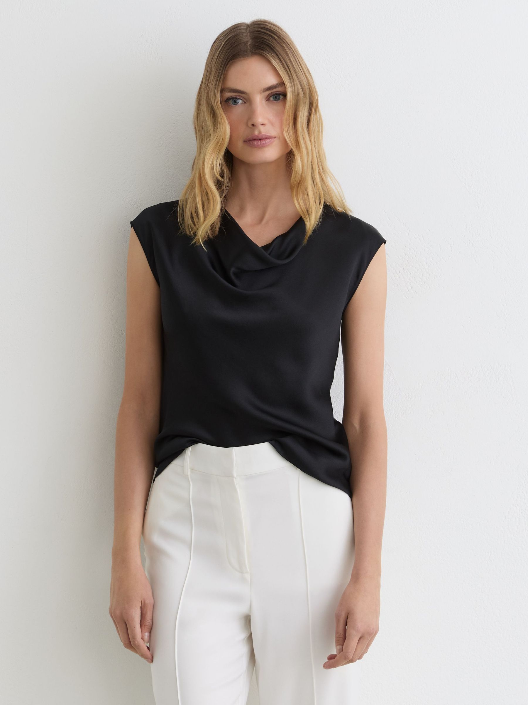 Silk Cowl-Neck Sleeveless Top in Black - Image 3 of 5