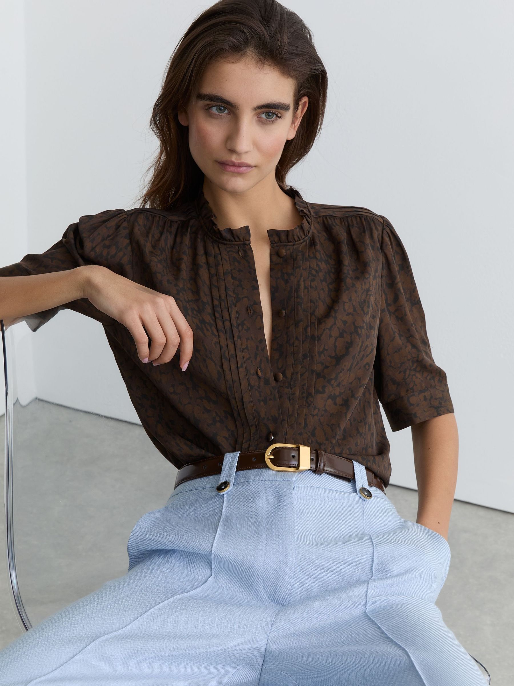 Matte-Silk Animal-Print Blouse in Black - Image 1 of 7 Matte-Silk Animal-Print Blouse in Black - Image 1 of 7