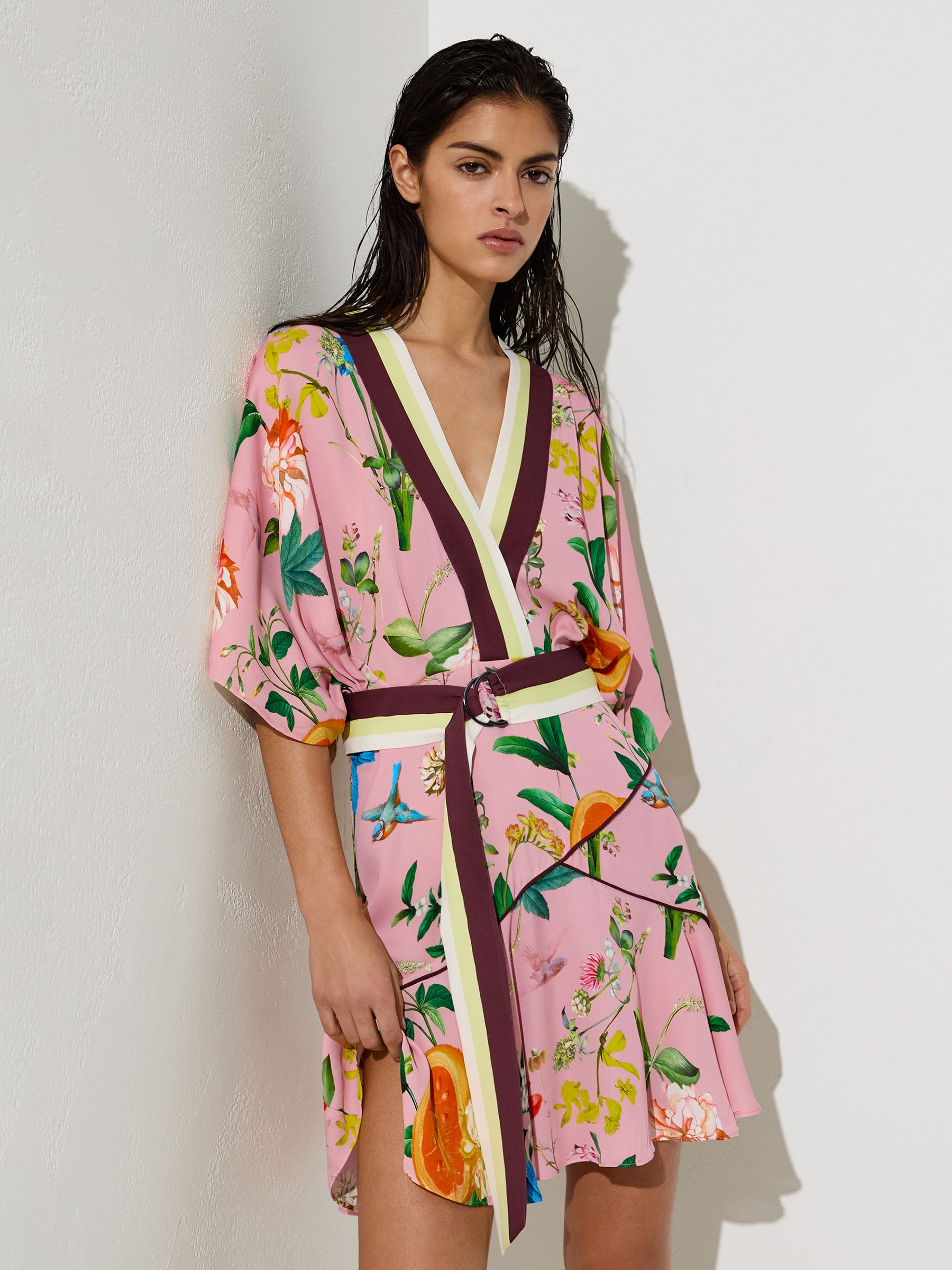 Scarf-Print Belted Beach Mini Dress in Coral Orange - Image 1 of 5 Scarf-Print Belted Beach Mini Dress in Coral Orange - Image 1 of 5