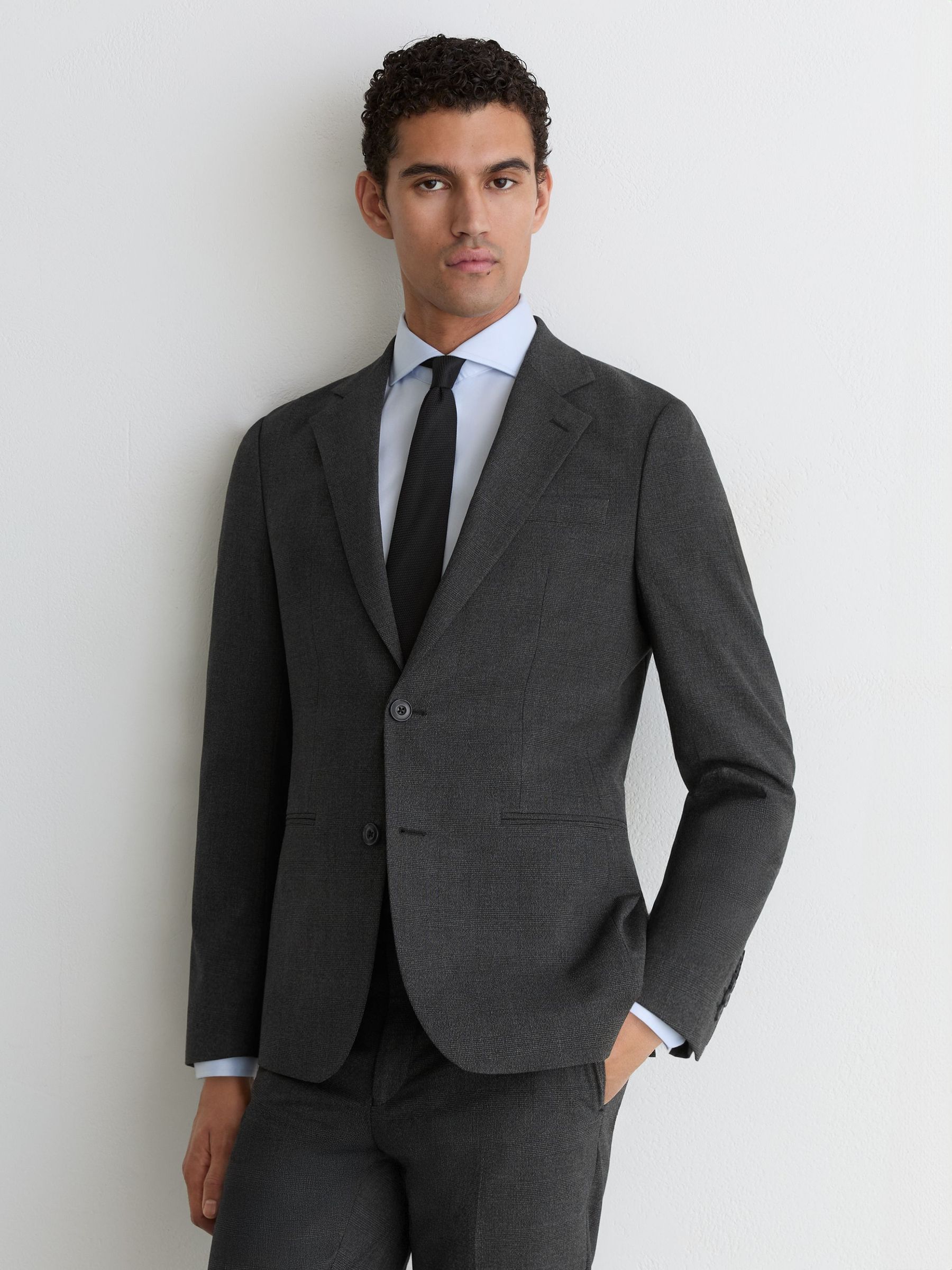 Check Single-Breasted Tailored-Fit Suit Blazer in Charcoal Grey - Image 1 of 8