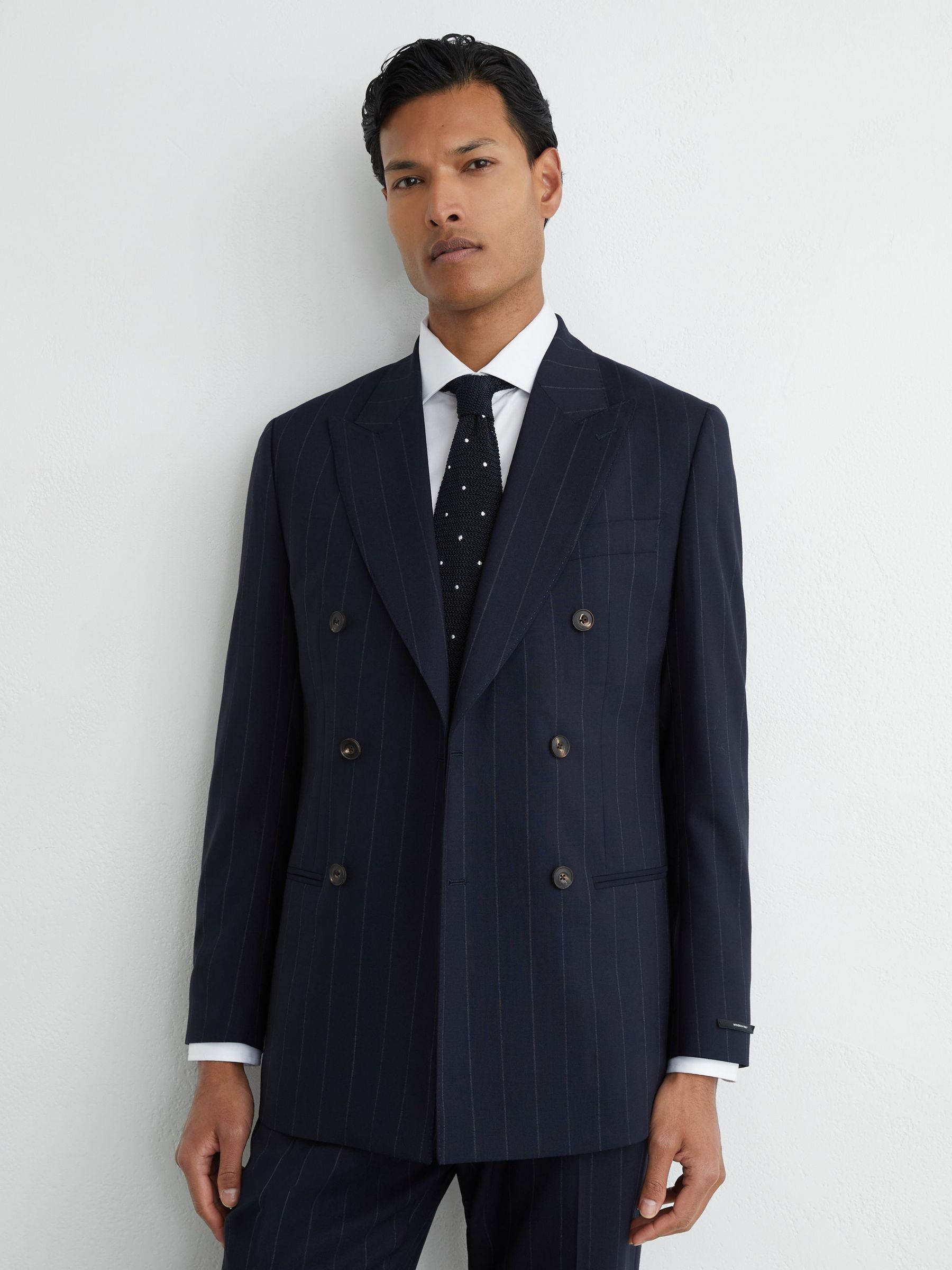 Wool Pinstripe Double-Breasted Suit Blazer Tailored-Fit in Navy - image 2