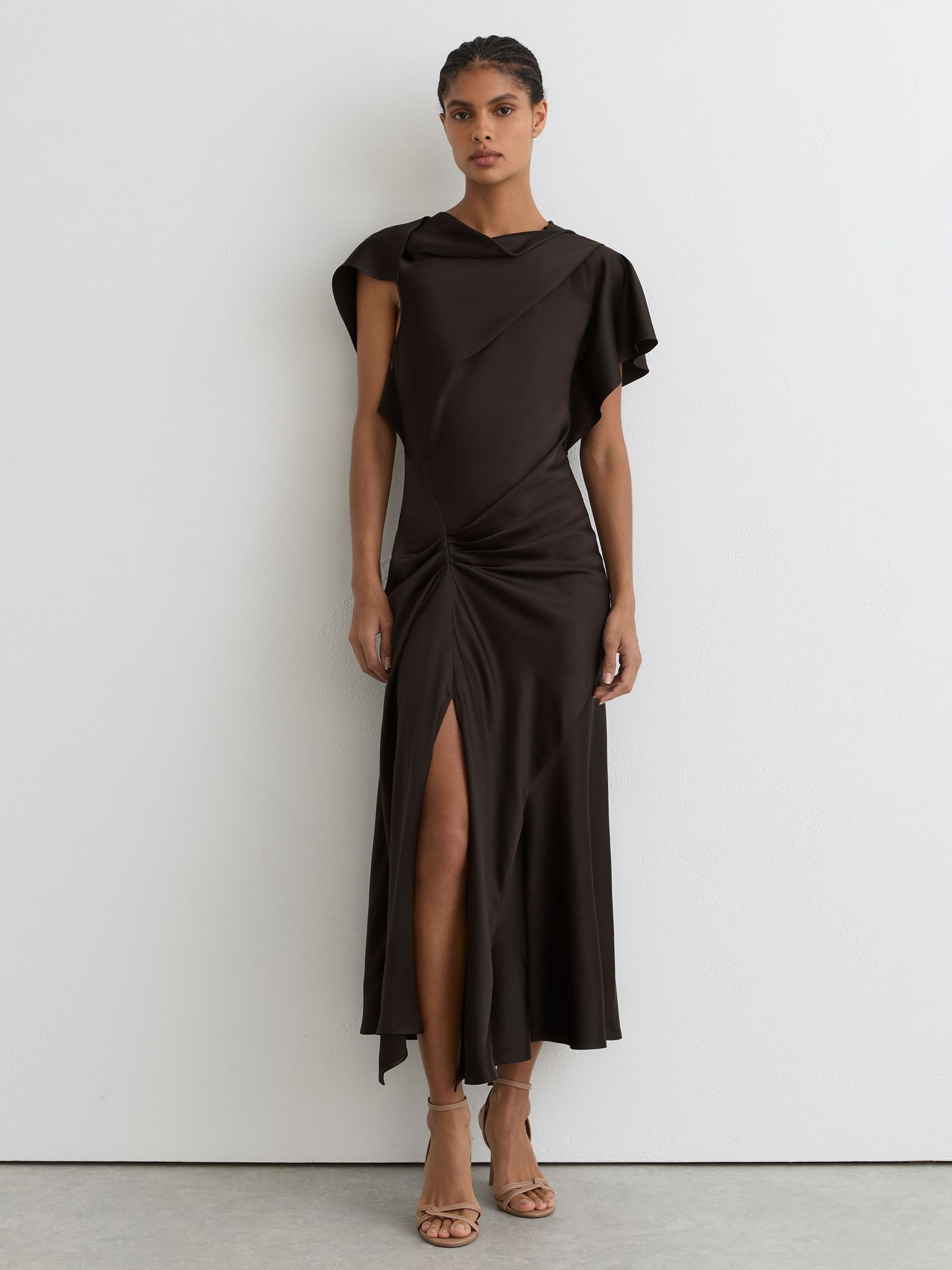 Satin Drape-Detail Midi Dress in Chocolate Brown - Image 1 of 6