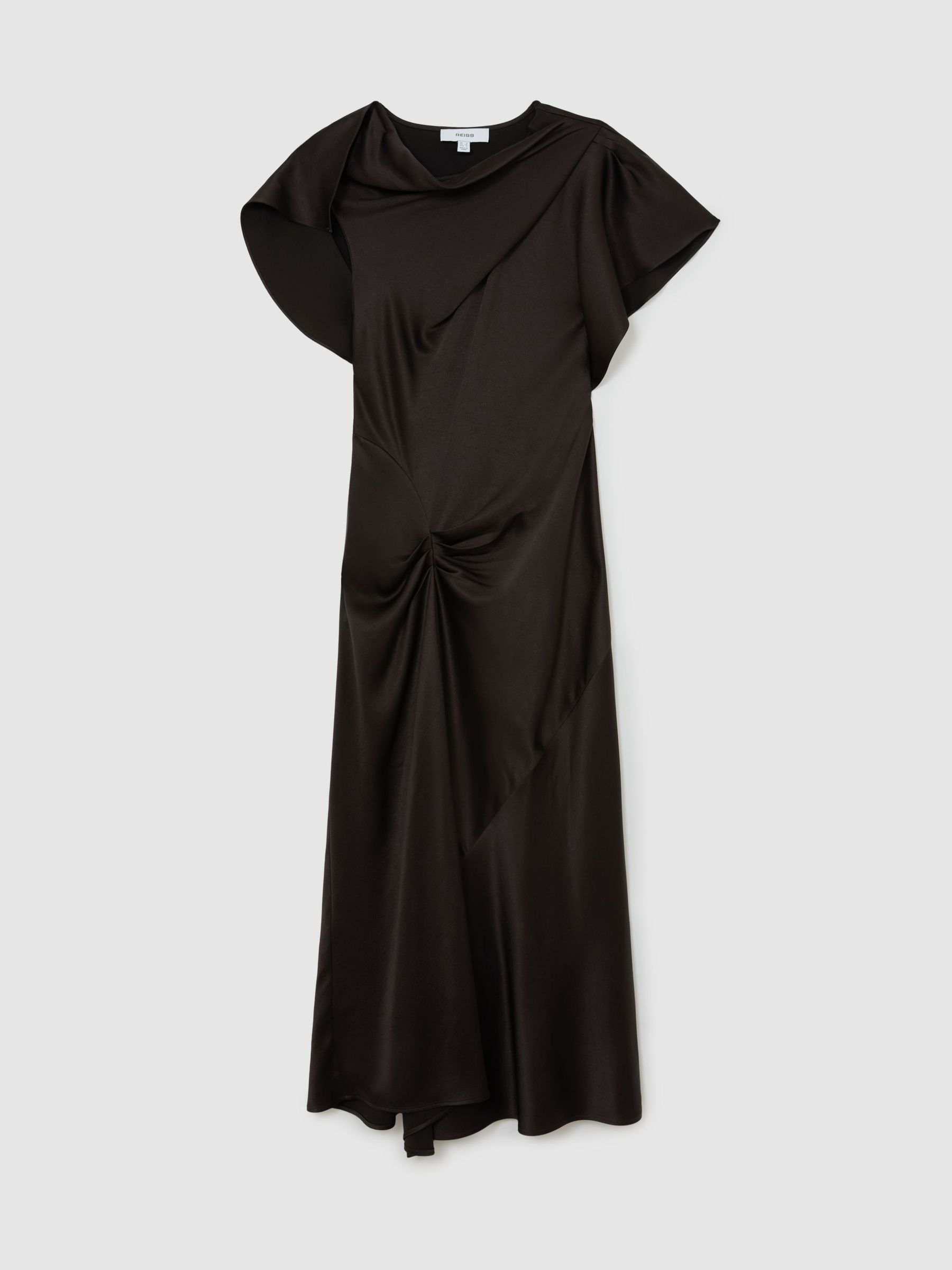 Satin Drape-Detail Midi Dress in Chocolate Brown - Image 2 of 6