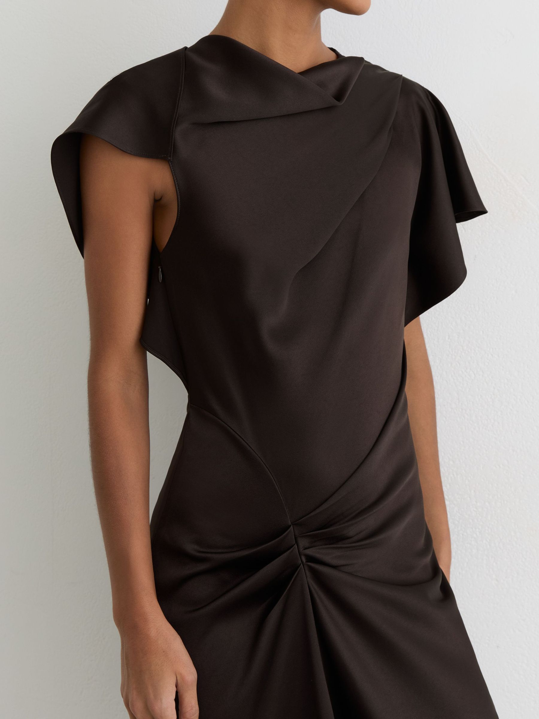 reiss chocolate brown dress Satin Drape-Detail Midi in Matte satin fabric Draped