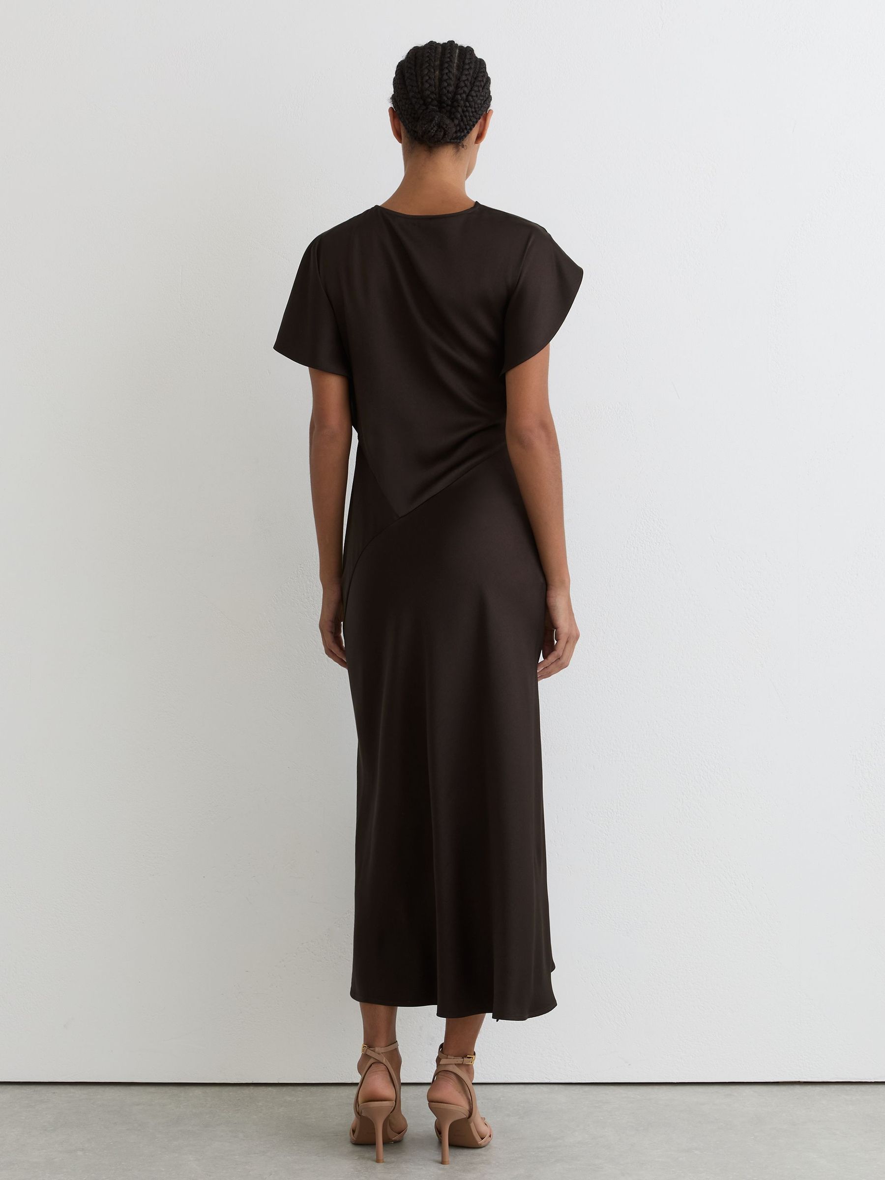 Satin Drape-Detail Midi Dress in Chocolate Brown - Image 4 of 6