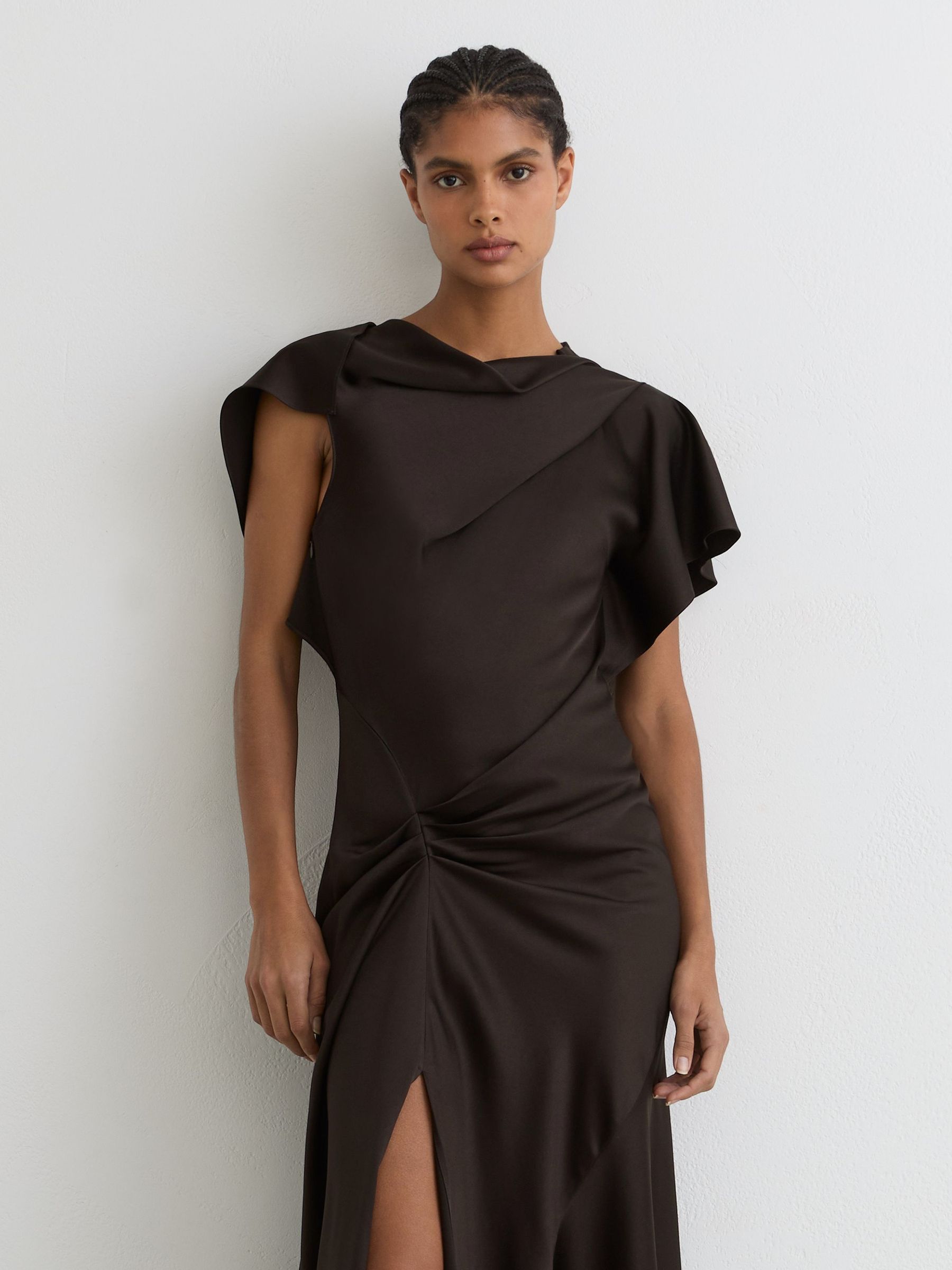 Satin Drape-Detail Midi Dress in Chocolate Brown - image 3