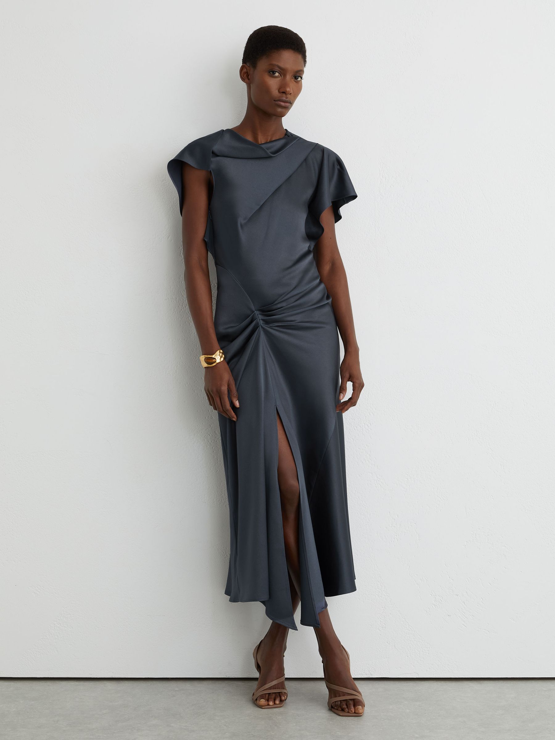 Satin Drape-Detail Midi Dress in Slate Grey - image 2