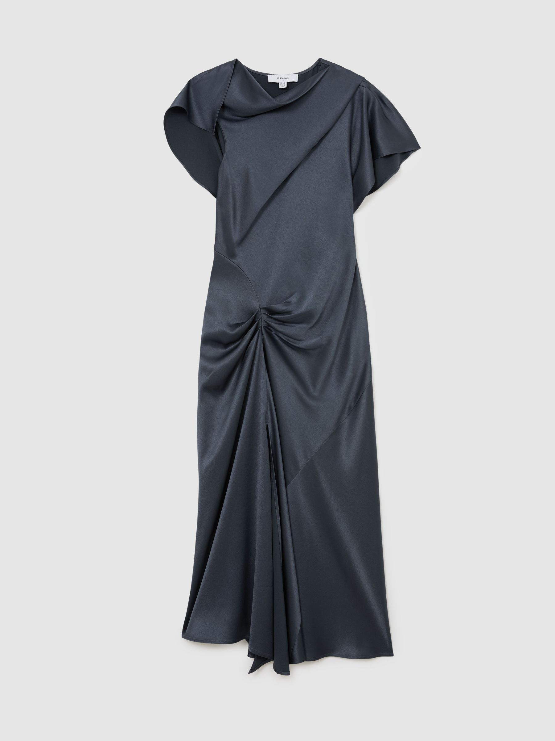 Satin Drape-Detail Midi Dress in Slate Grey