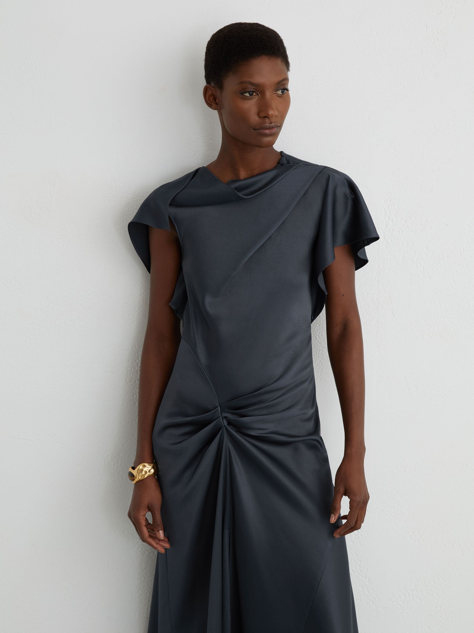 Reiss Satin Drape-Detail Midi Dress in Slate Grey - REISS Reiss Satin Drape-Detail Midi Dress in Slate Grey - REISS