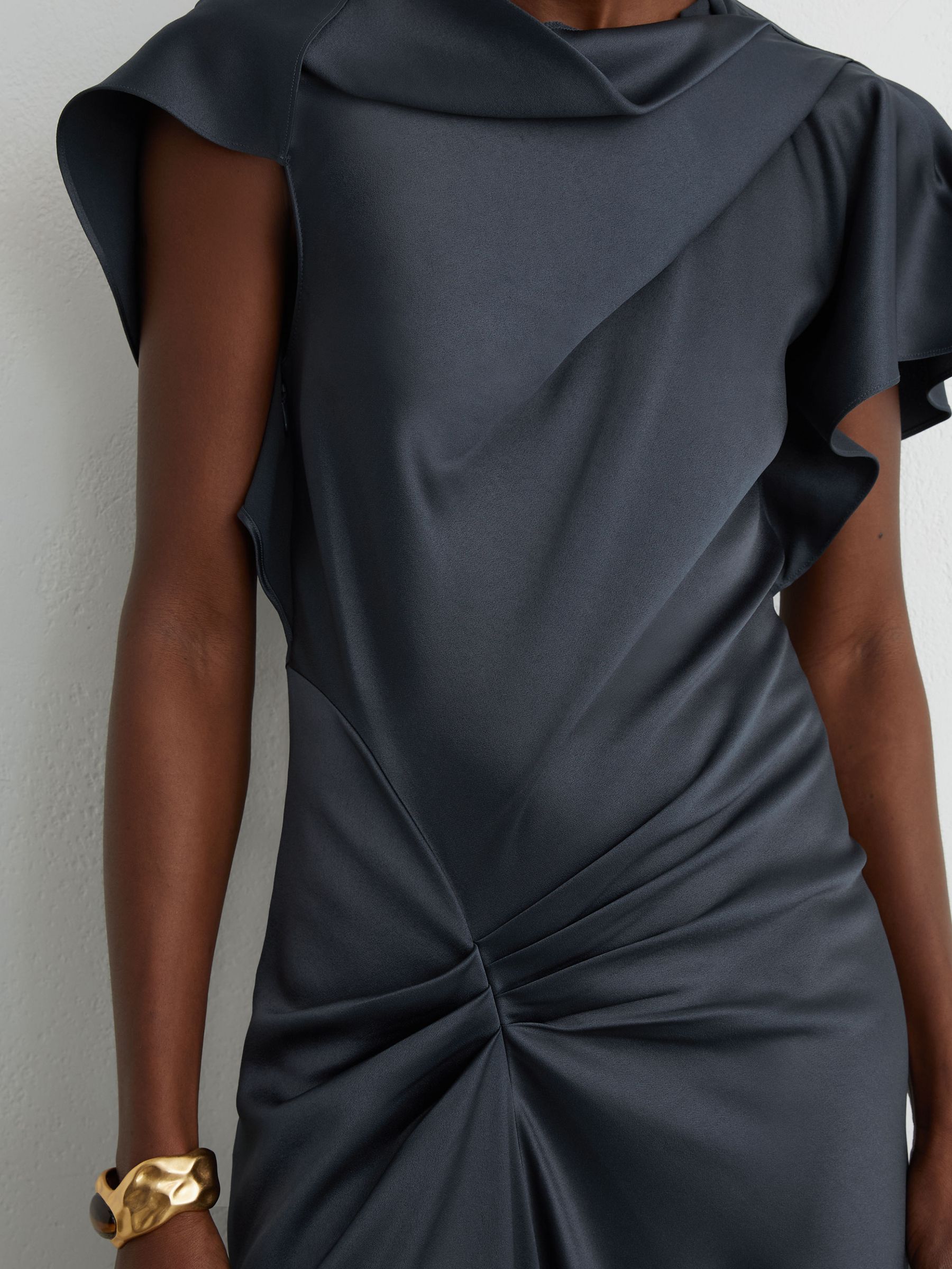 Satin Drape-Detail Midi Dress in Slate Grey - image 3